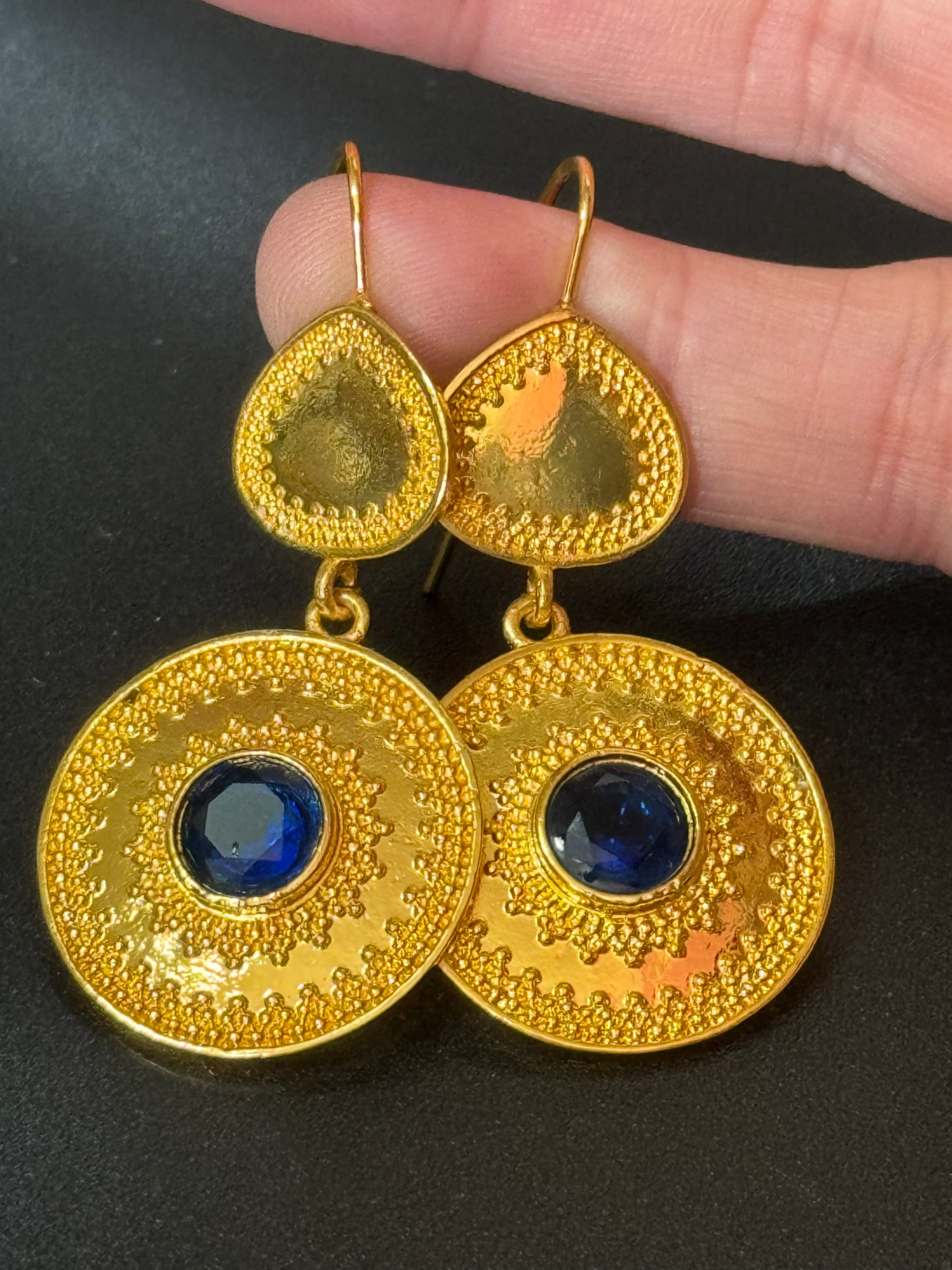 Etruscan gold tone sapphire blue diamanté disc pierced drop earrings