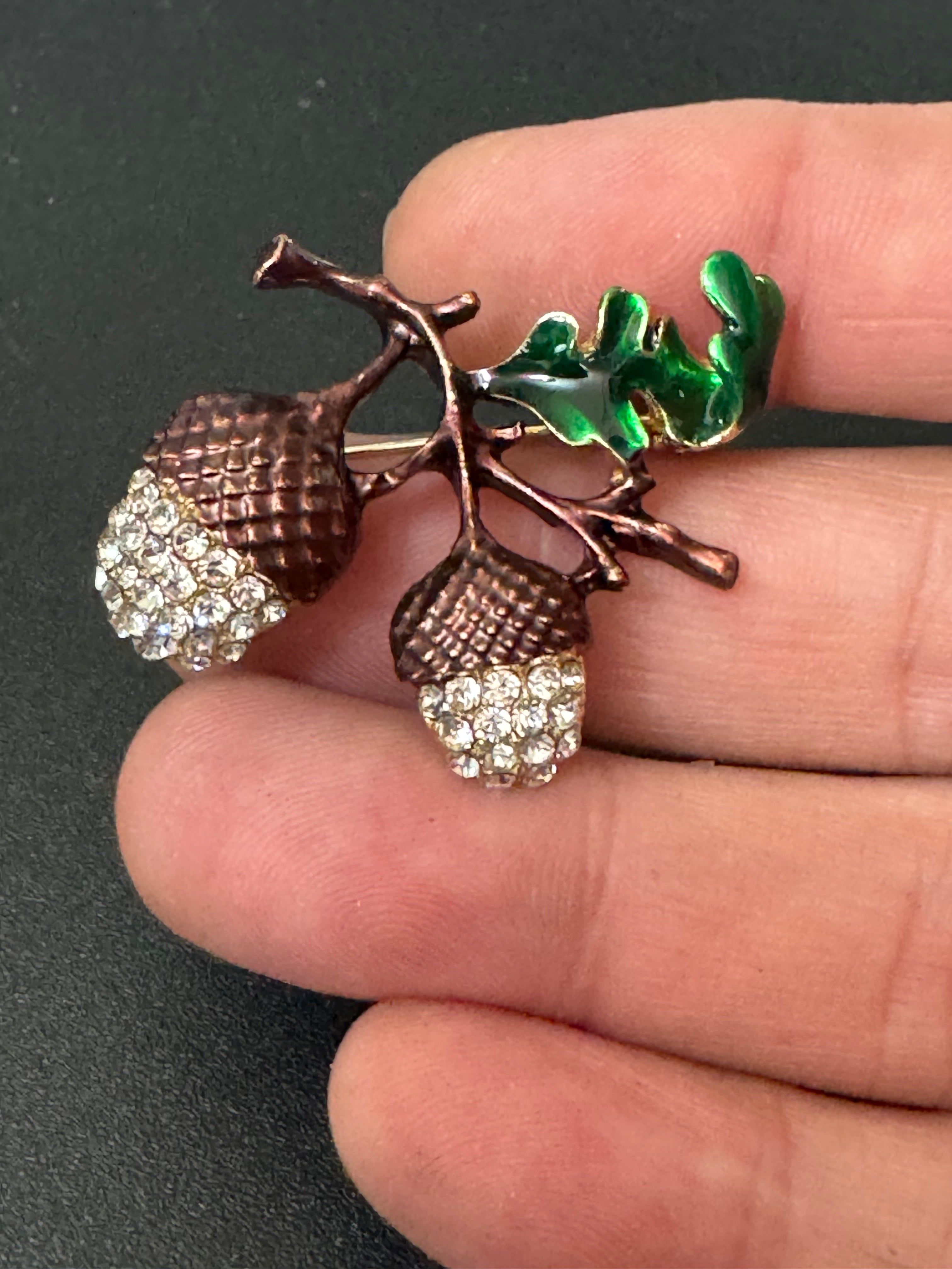 Crystal Oak tree acorn brooch with brown green enamel brooch with clear rhinestones