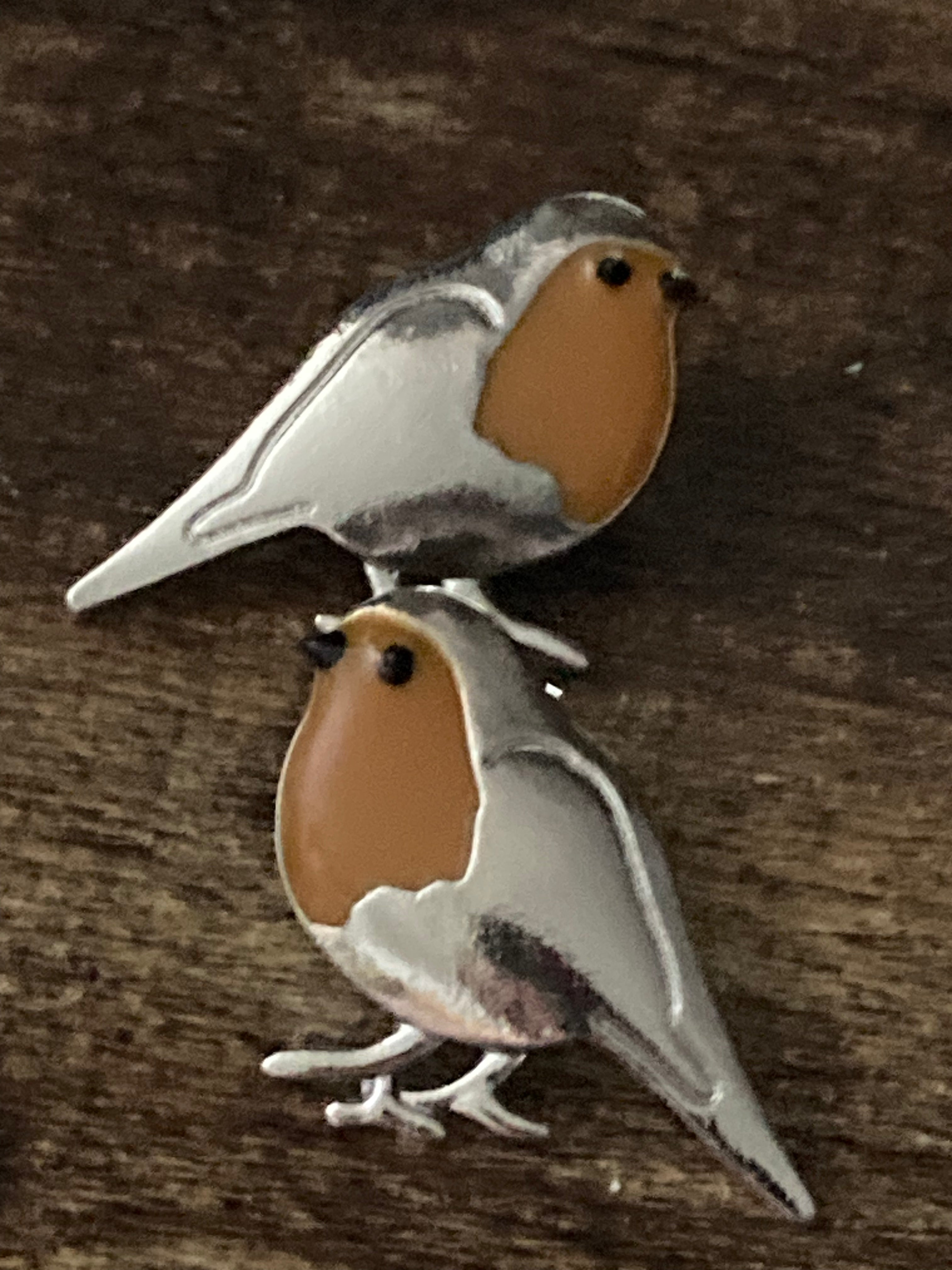 Large Robin earrings redbreast silver tone studs 3.5 cm red orange enamel for pierced ears