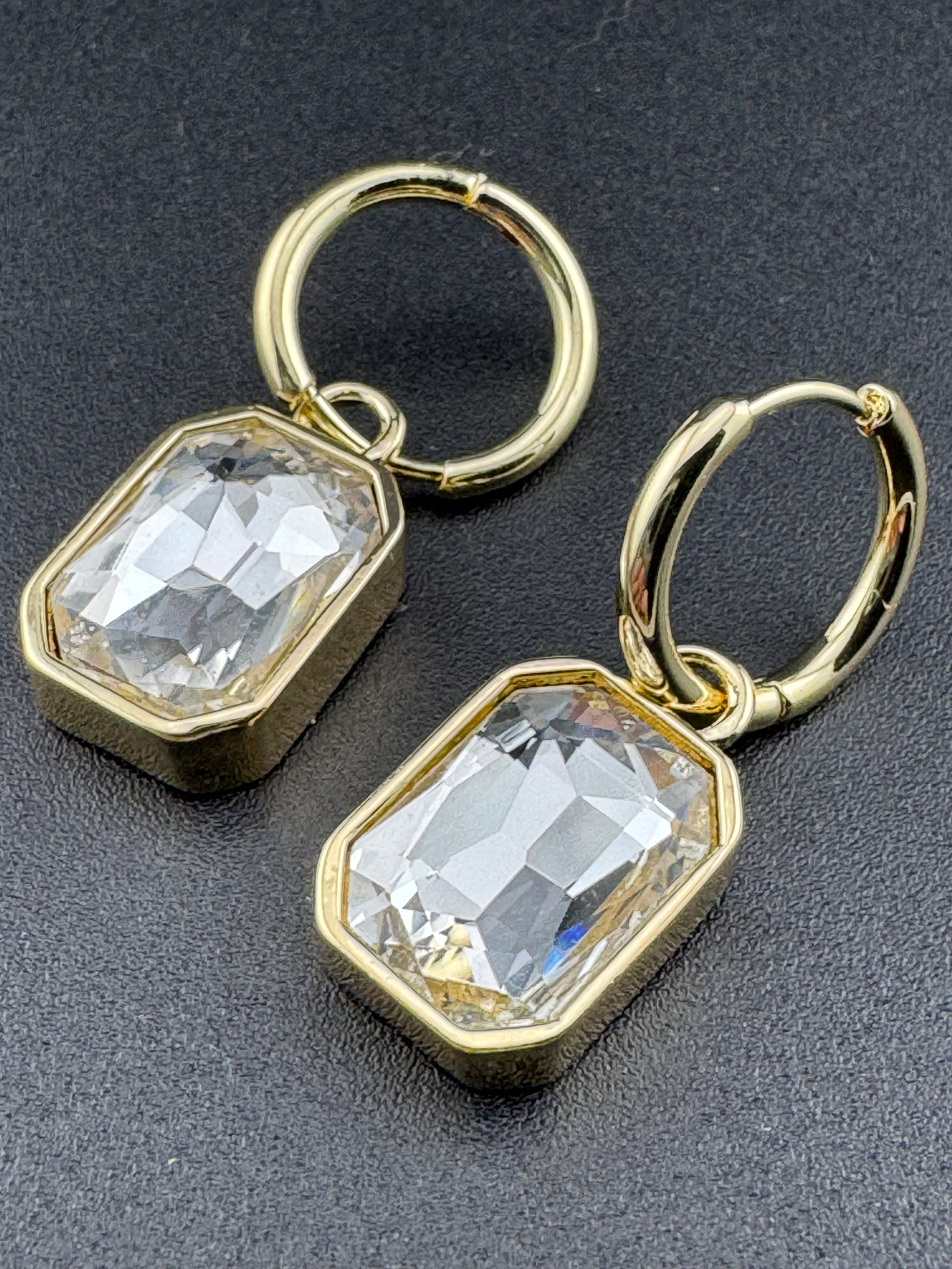 Clear diamond glass crystal octagonal charm small hoop earrings pierced, gold plated