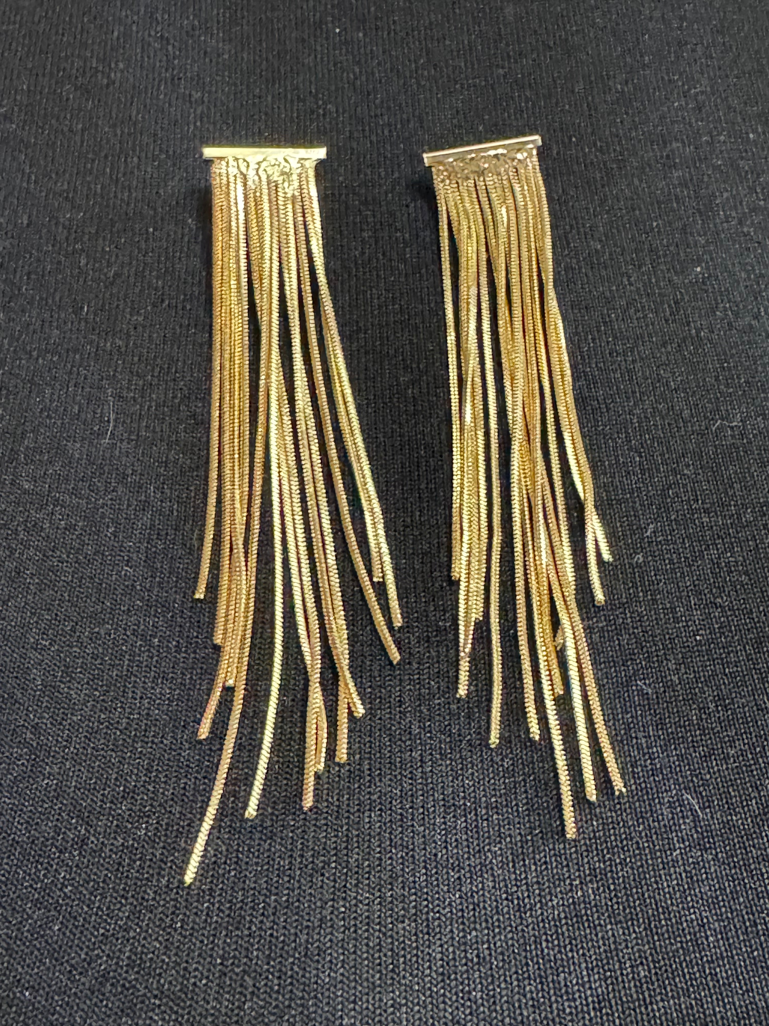 gold tone long dangly chain link tassel earrings for pierced ears 1980s style