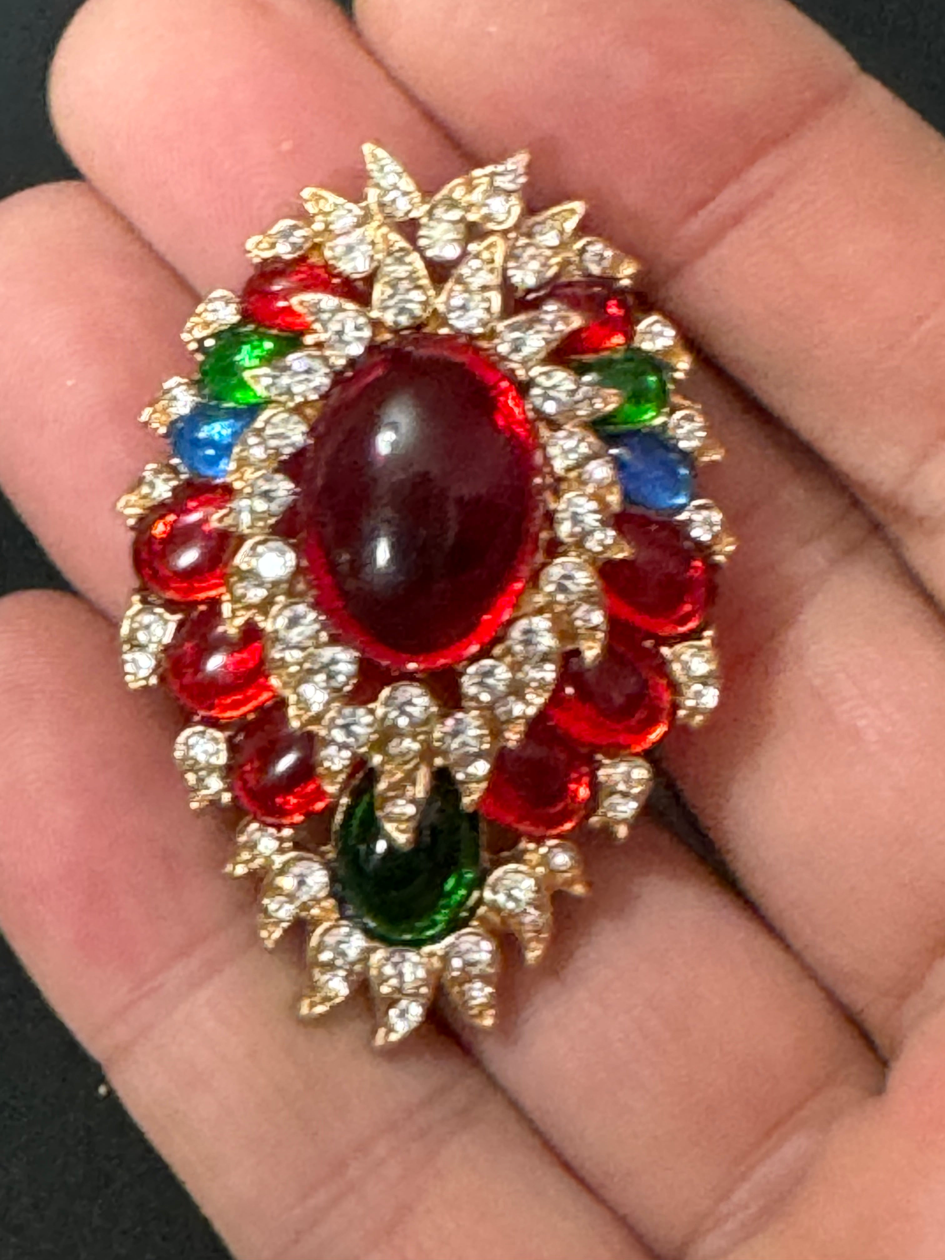 Large diamanté red green blue oval cabochon brooch Gripoix style