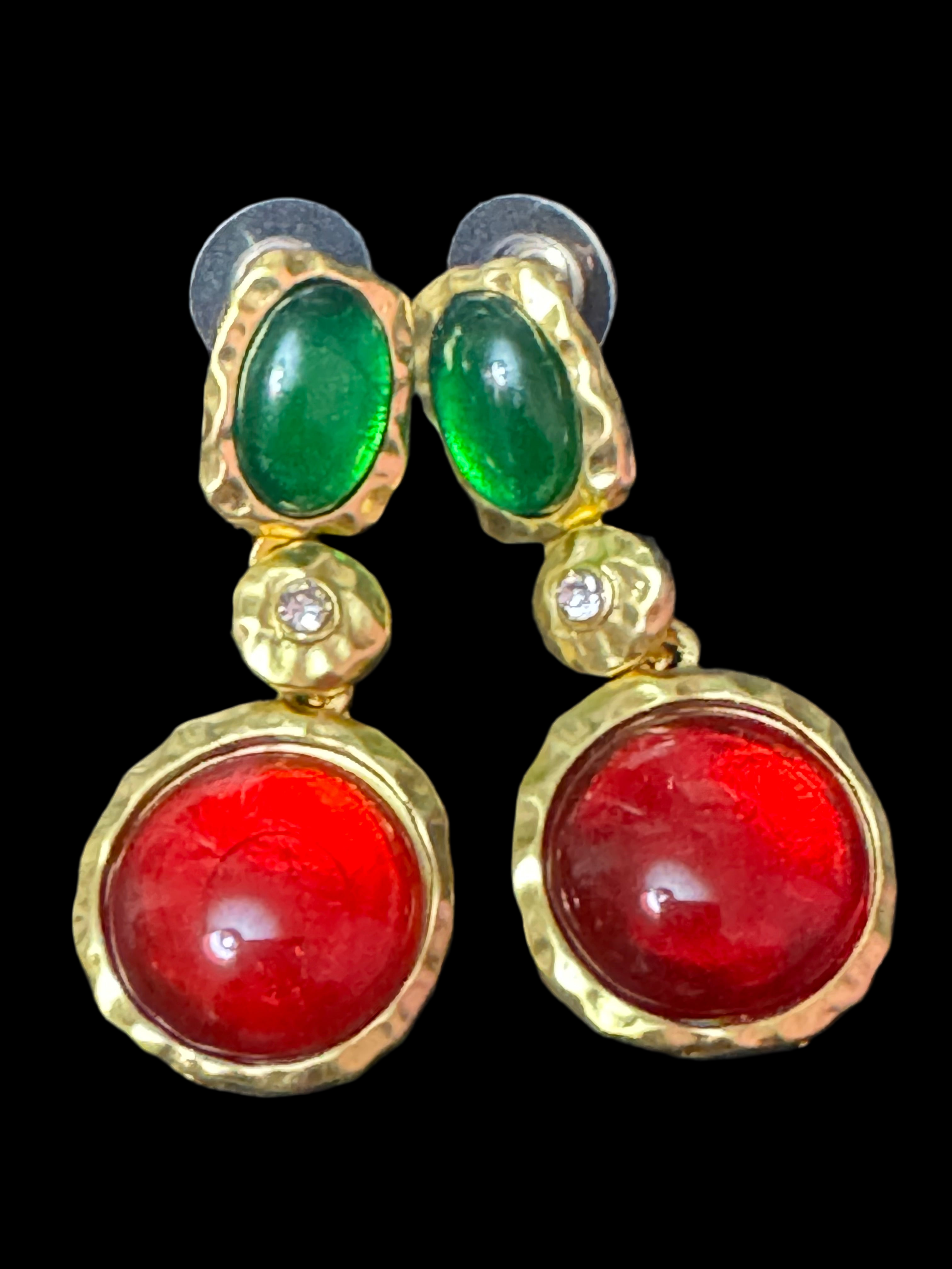 Matt gold tone Gripoix style crystal red and green cabochon earrings pierced