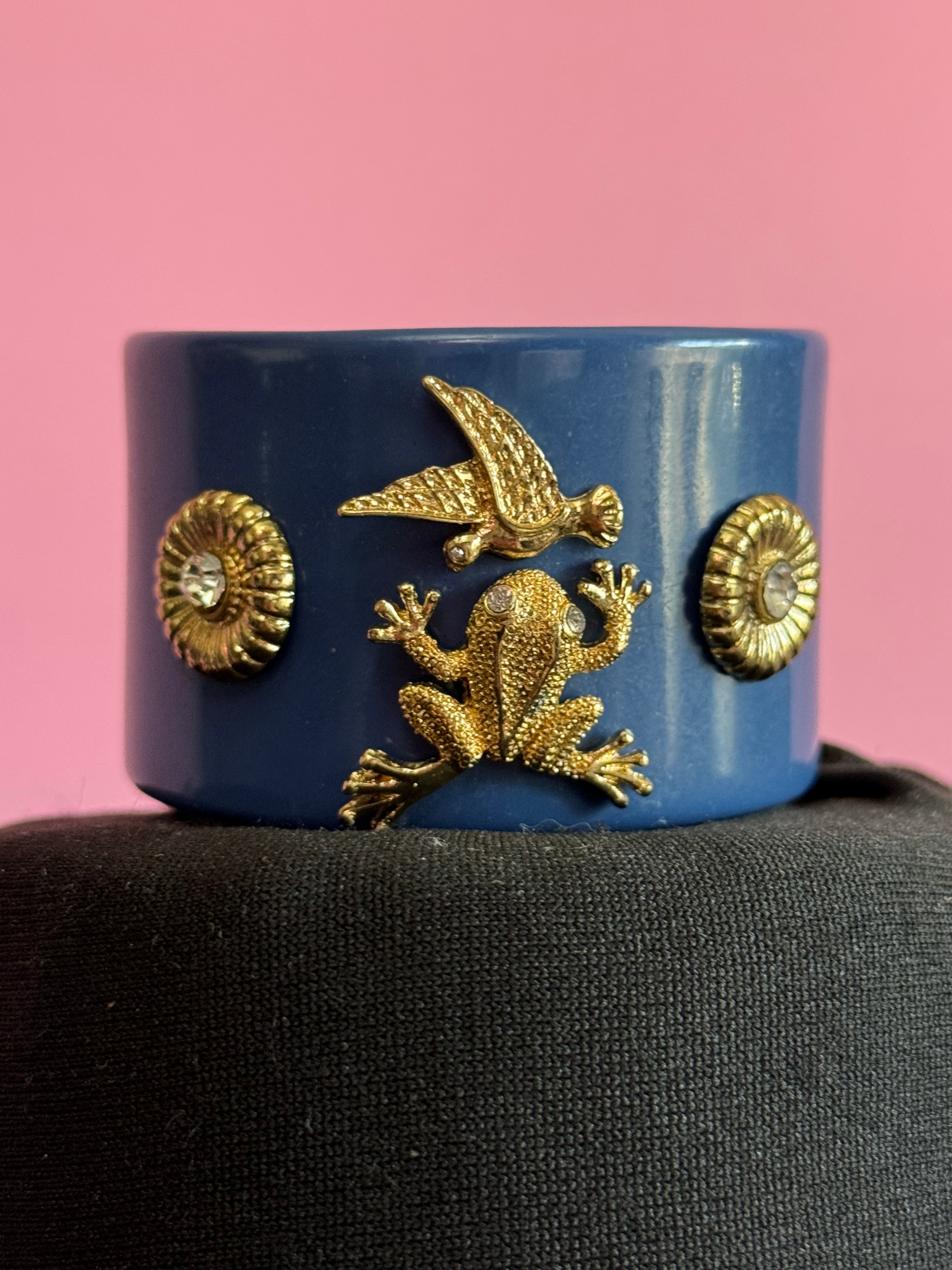 Gold crystal frog ornate Navy blue wide acrylic cuff bangle