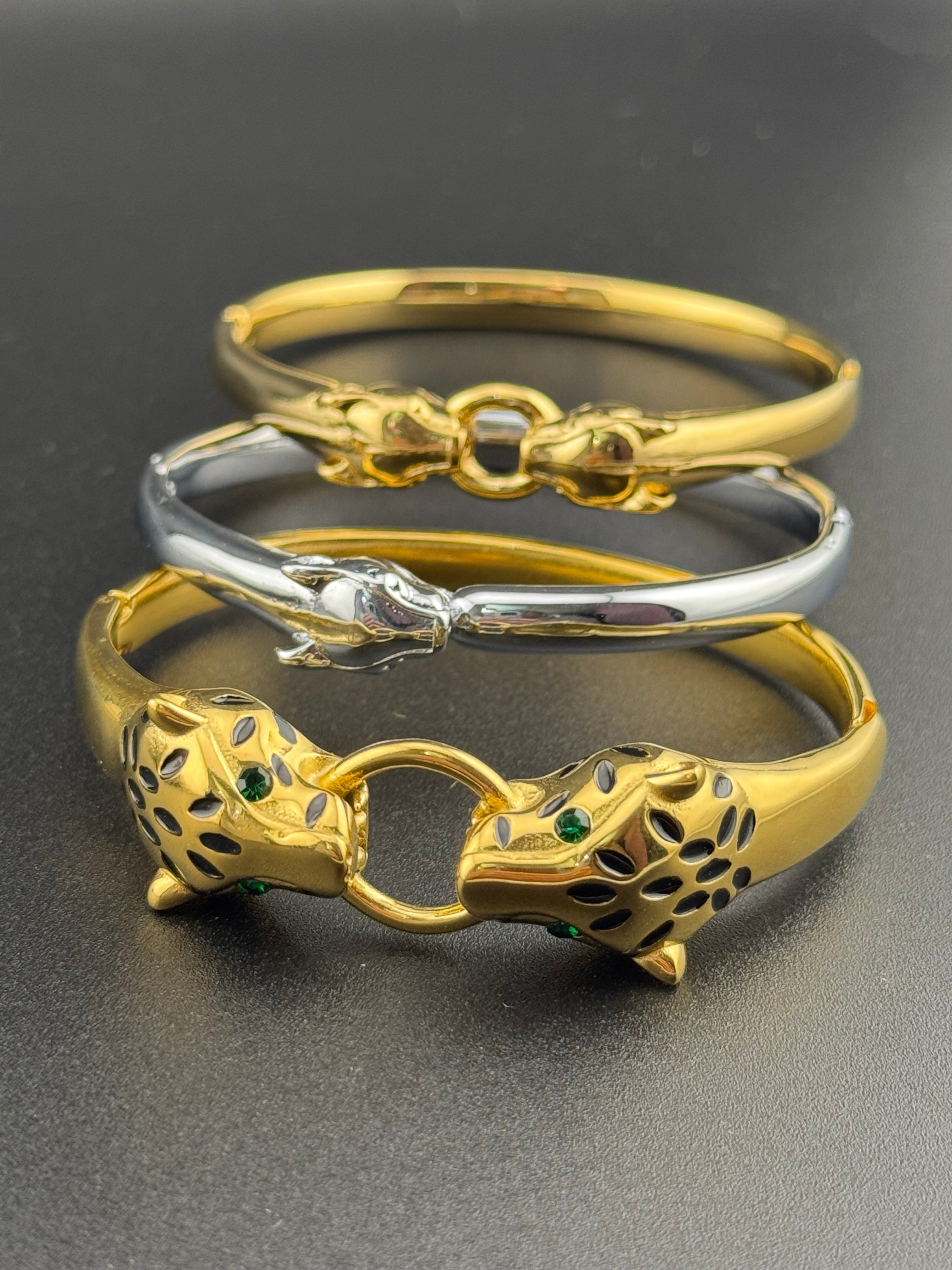 Classic gold Stainless Steel Crystal Leopard clamper Bangles Animal Bracelets