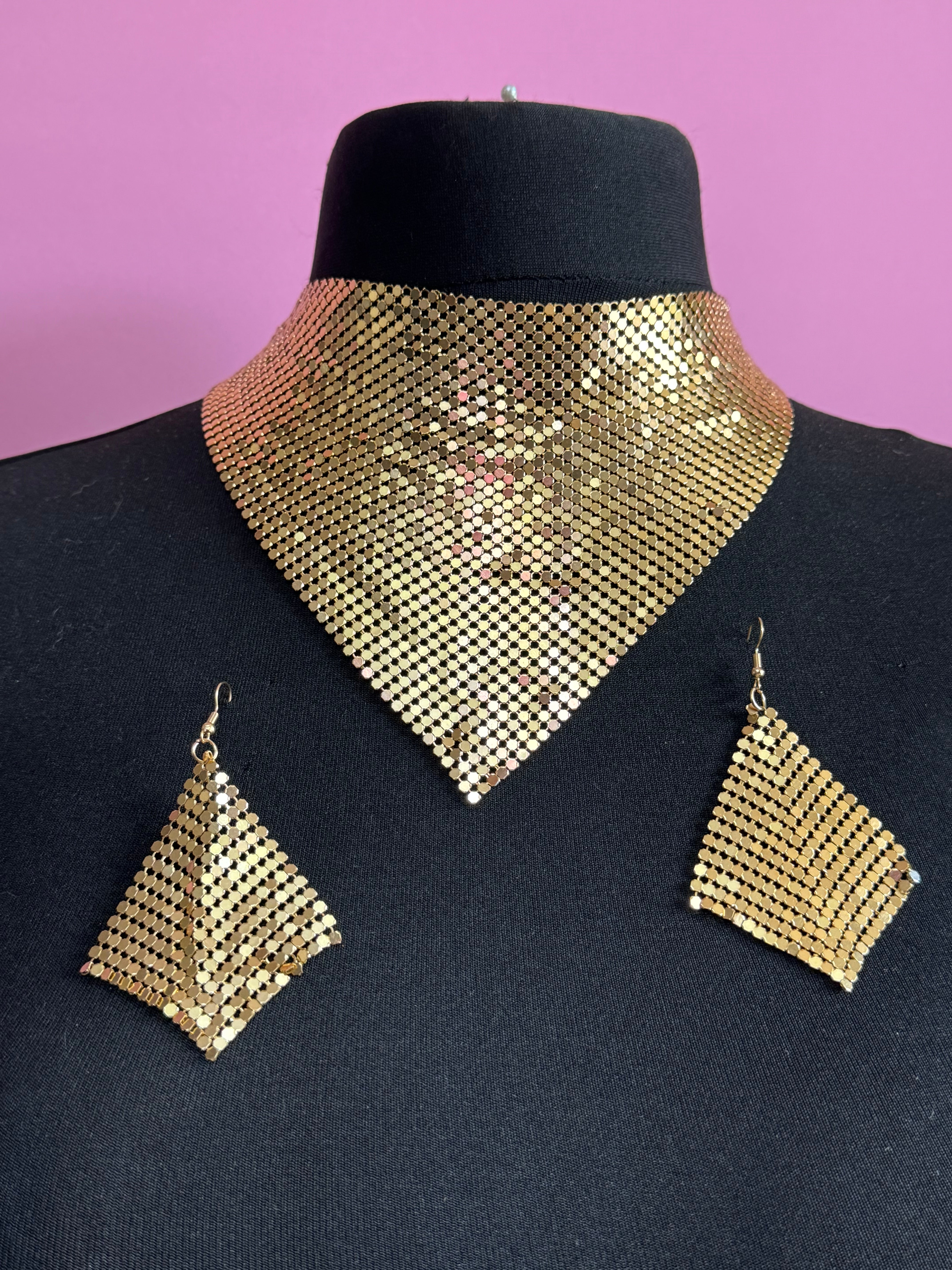 Gold silver or black mesh bib choker necklace and matching earrings Disco jewellery