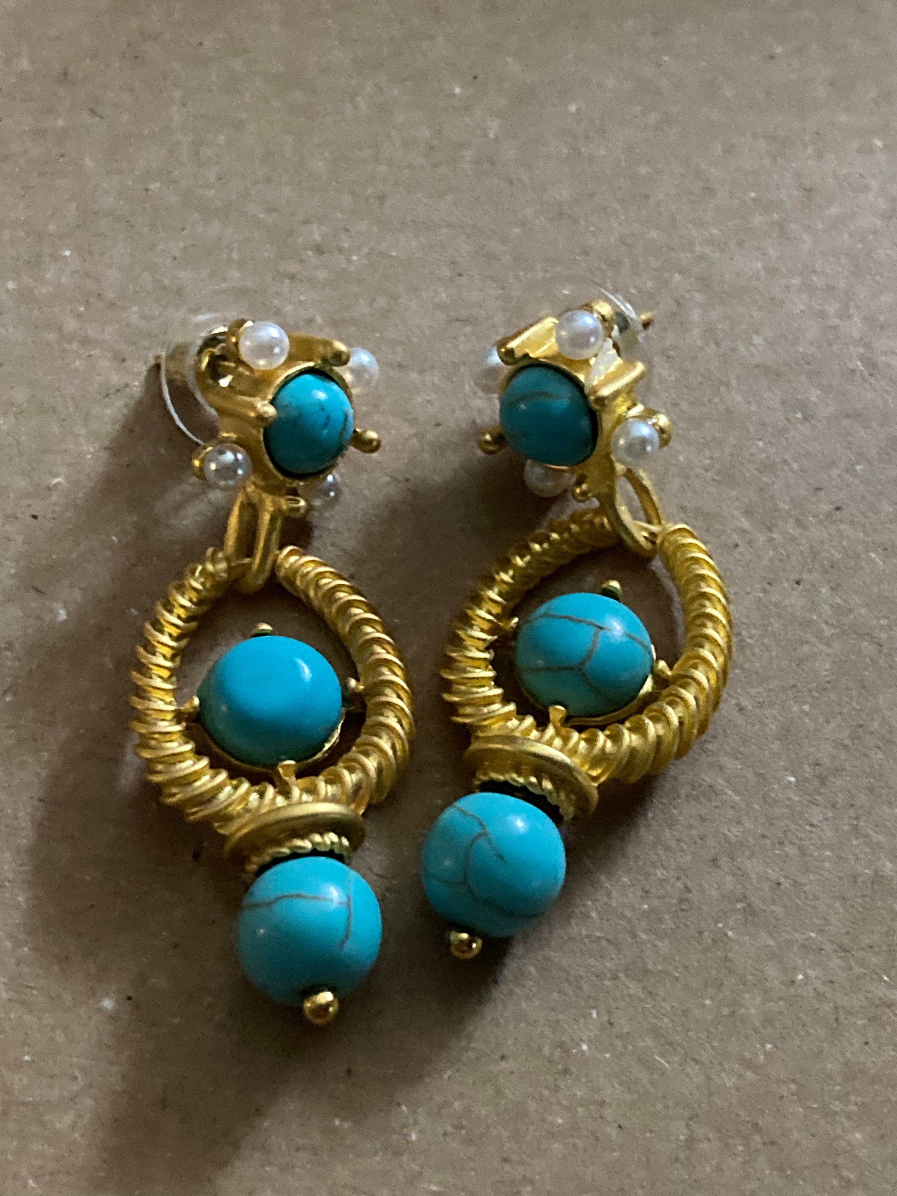 Etruscan style gold tone faux turquoise and pearl drop earrings