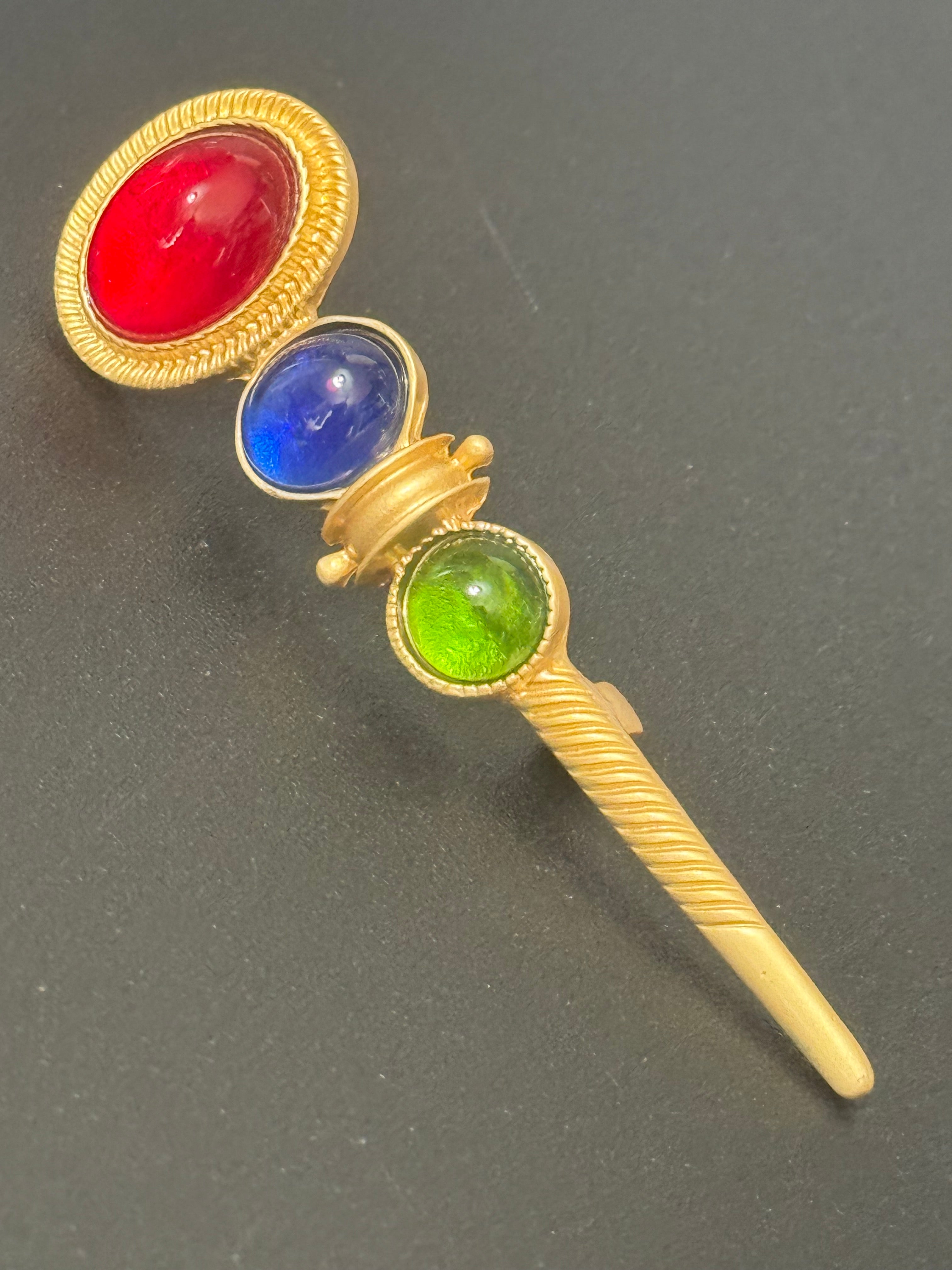 Large red green blue cabochon medieval bar brooch Gripoix style