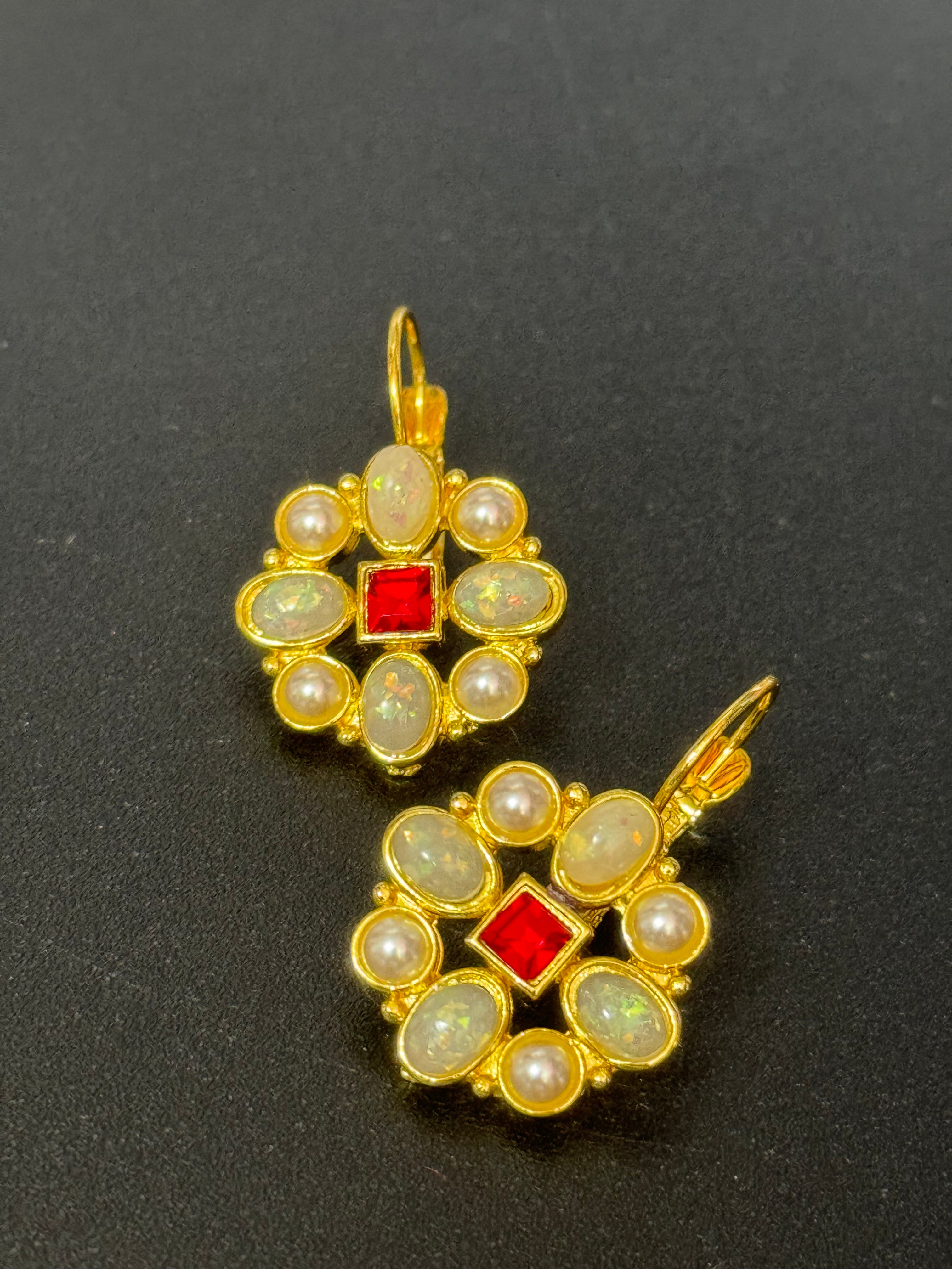 Etruscan medieval style ruby crystal and pearl drop earrings