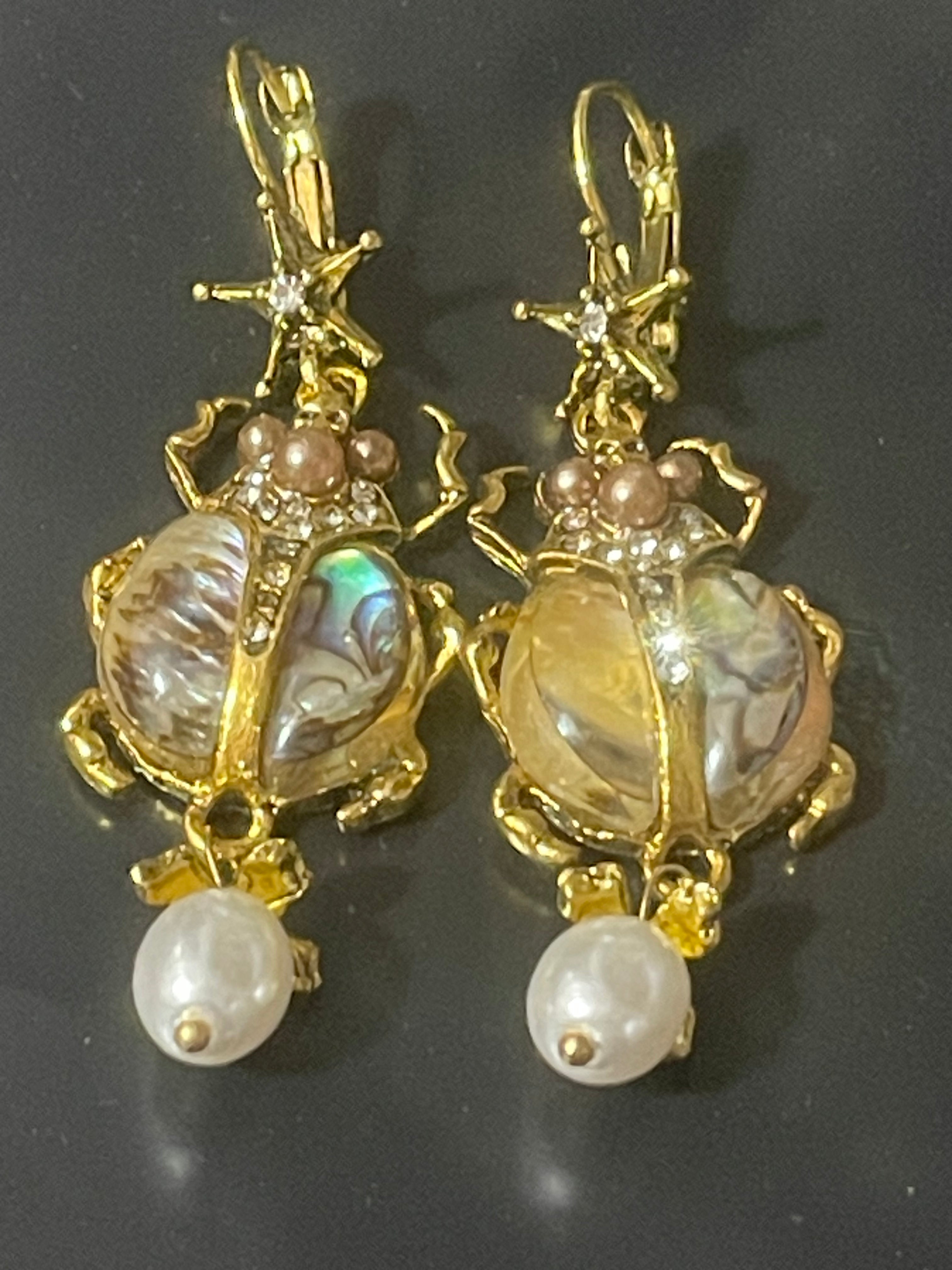 Abalone shell long faux pearl beetle insect earrings gold tone pierced