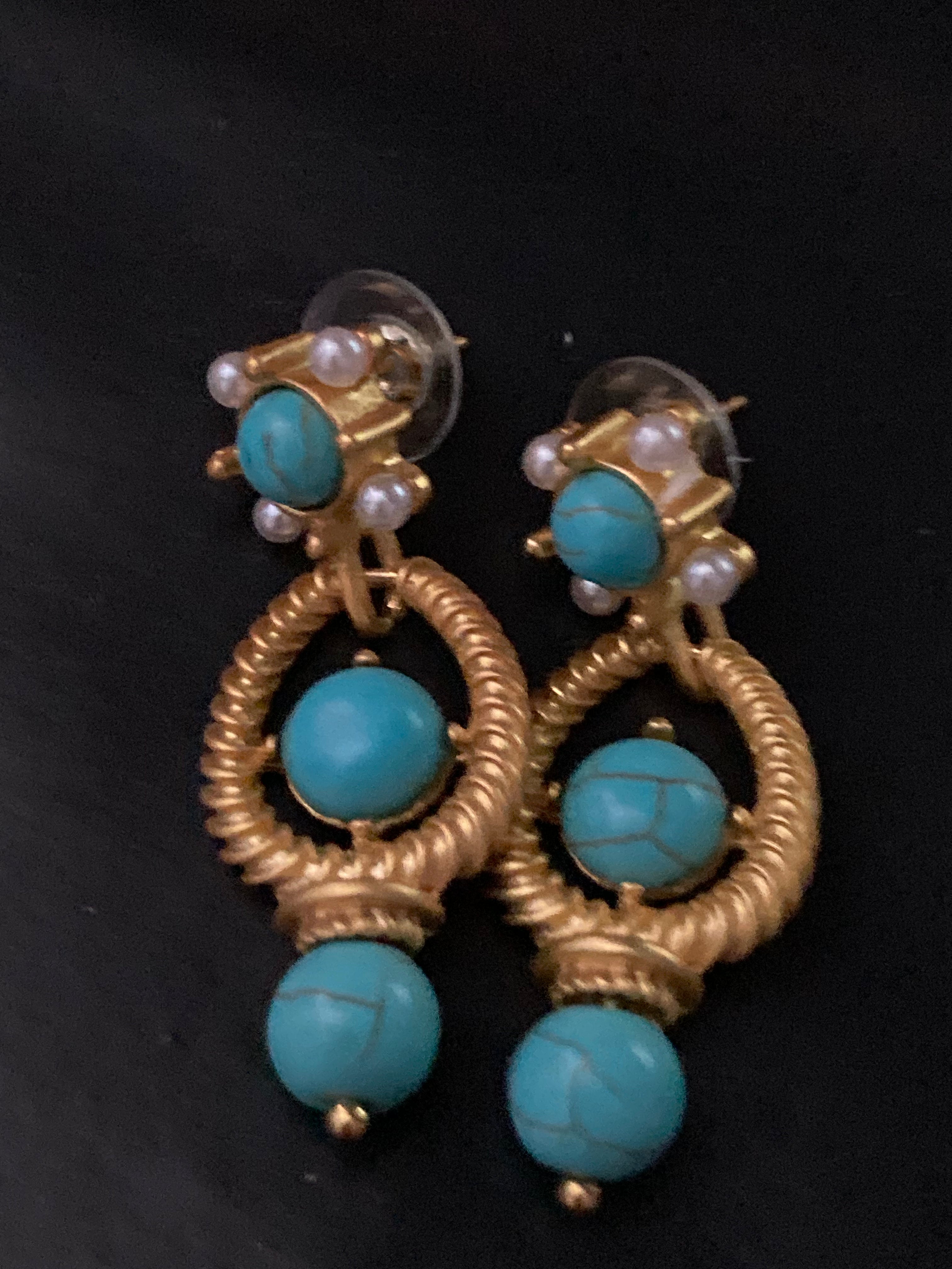 Etruscan style gold tone faux turquoise and pearl drop earrings