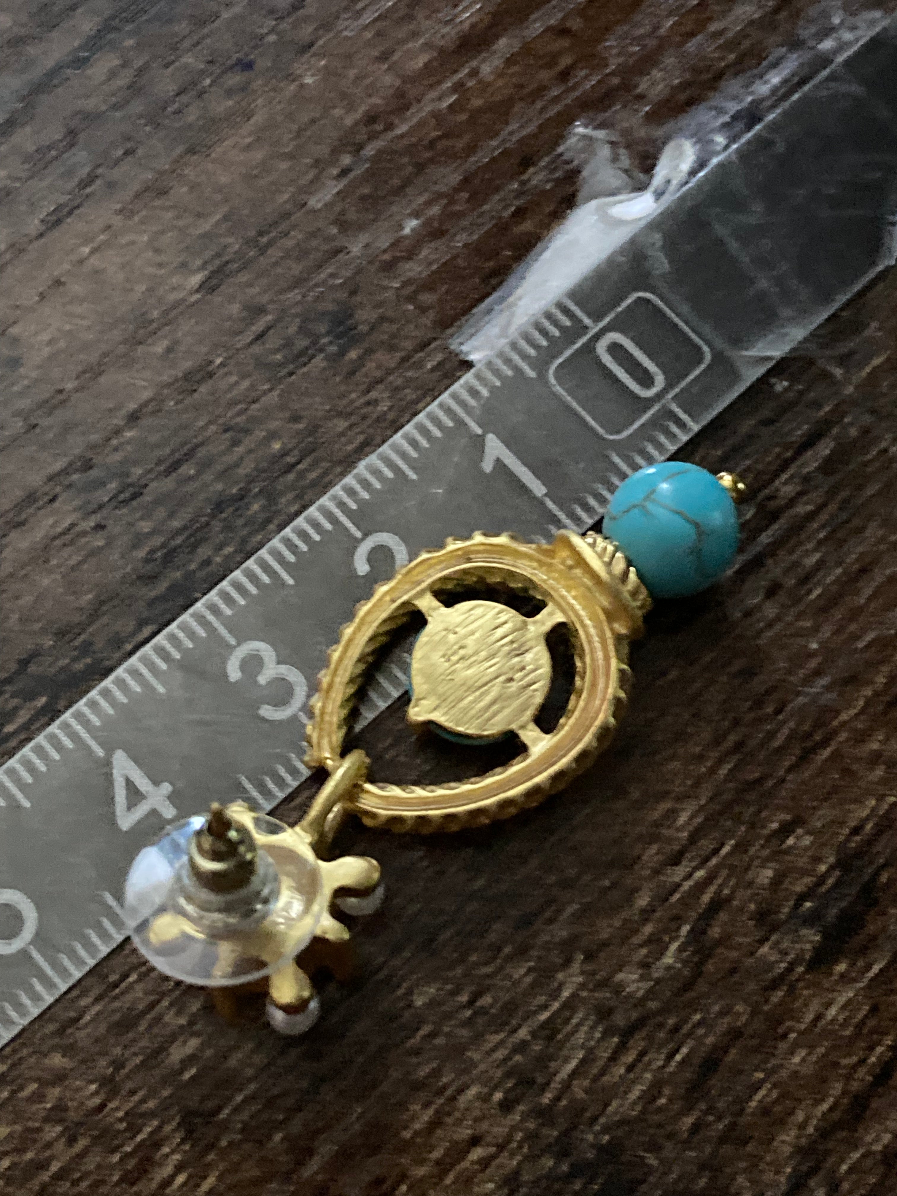 Etruscan style gold tone faux turquoise and pearl drop earrings