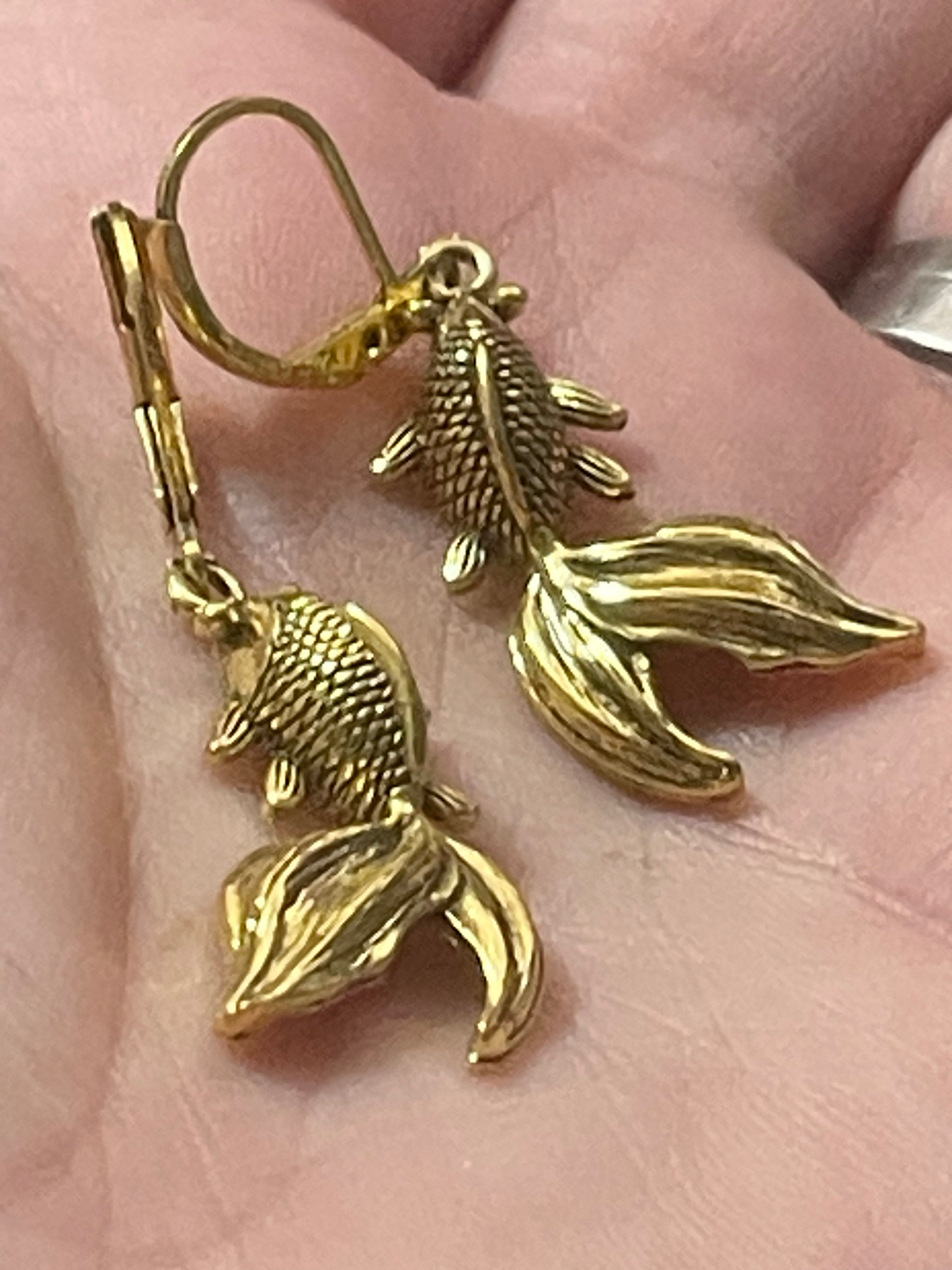 Japanese inspired koy carp gold tone fish drop earrings