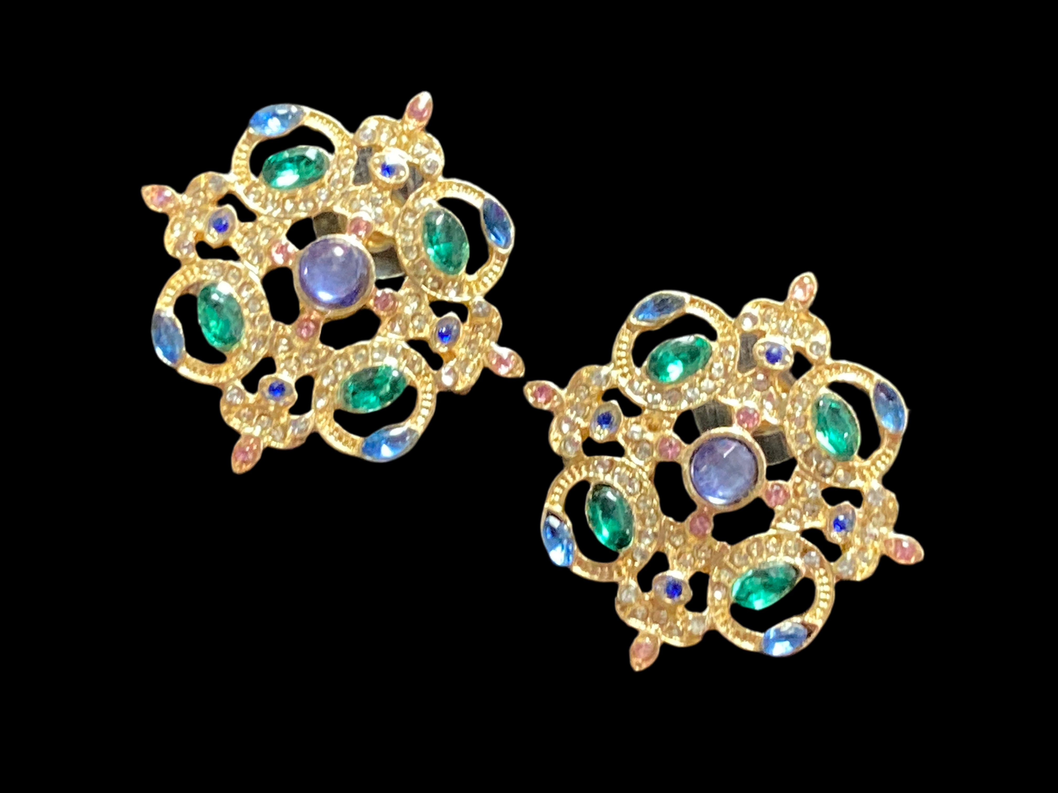 Oversized diamanté regal stud earrings purple green