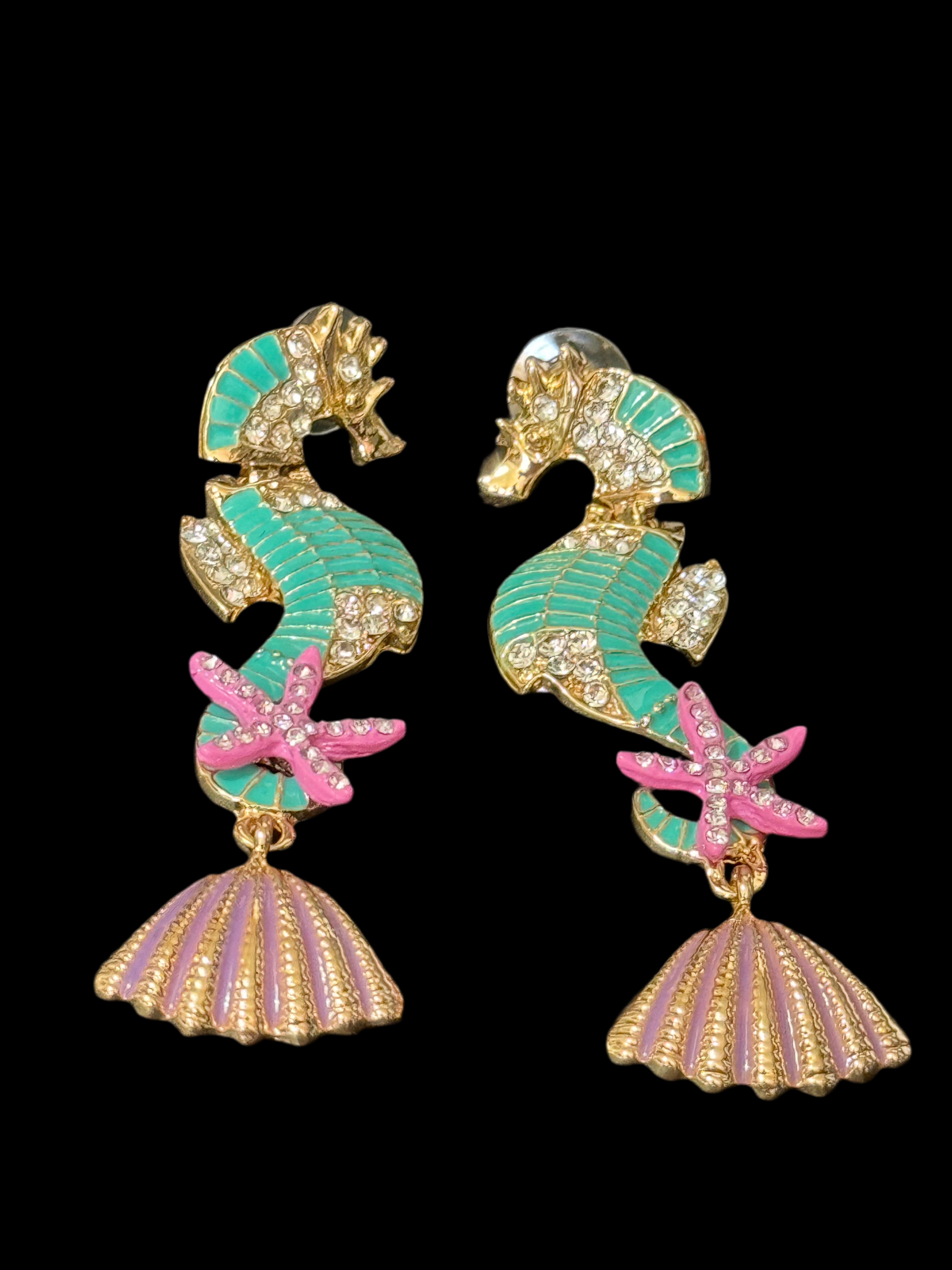 Large mint green and pink crystal seahorse earrings