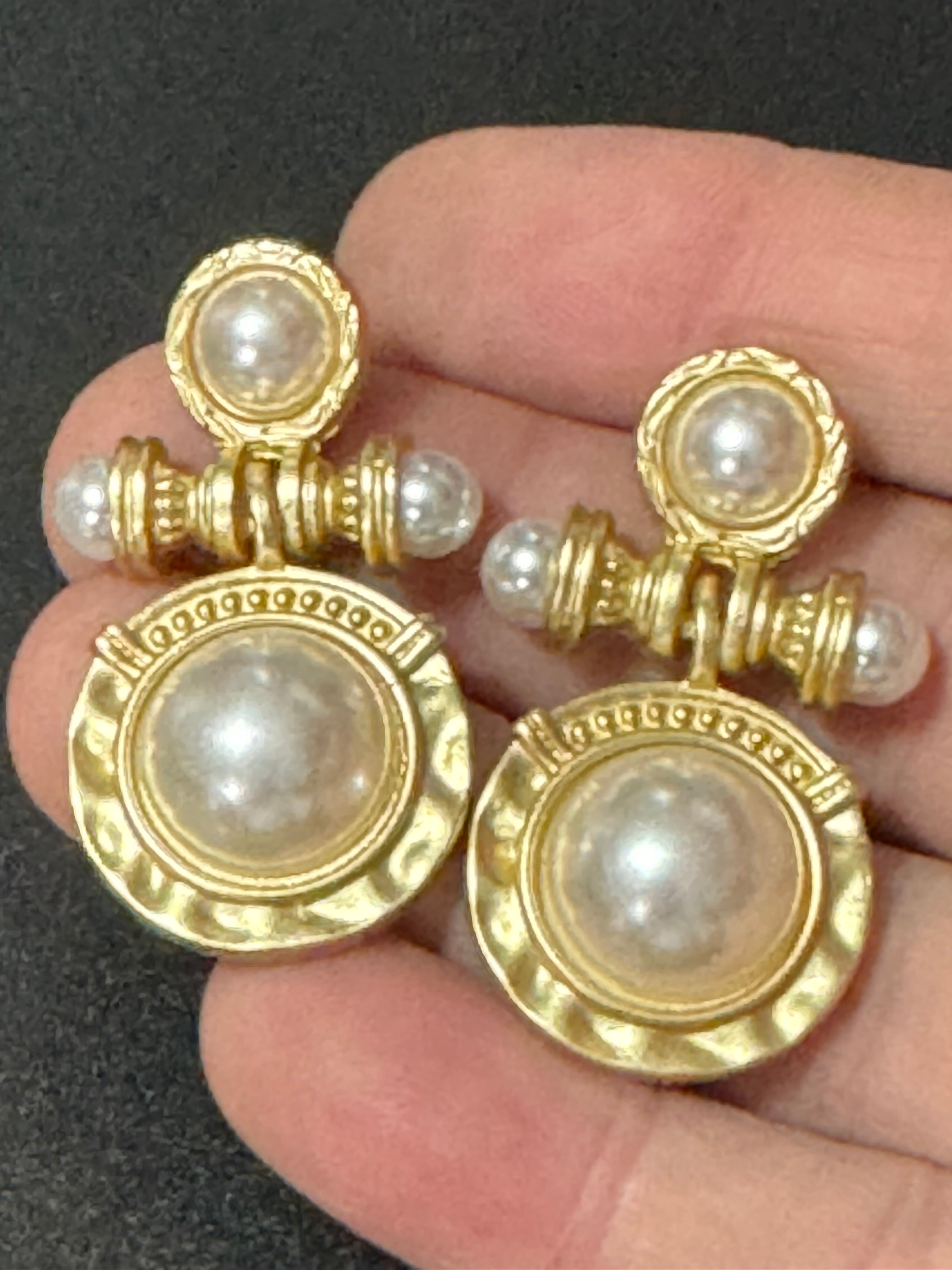 Etruscan style gold pearl cabochon drop pierced earrings