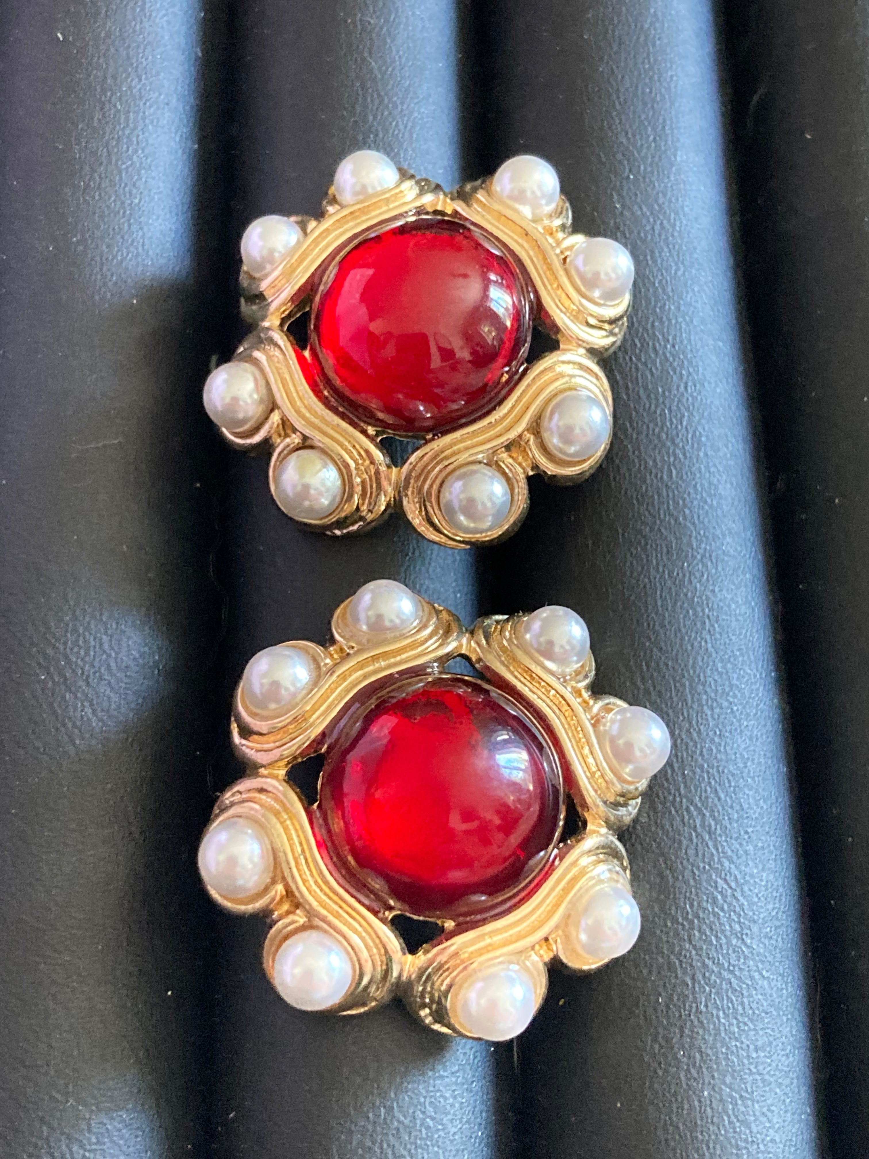 gold ruby faux pearl gripoix style cabochon round pierced stud earrings