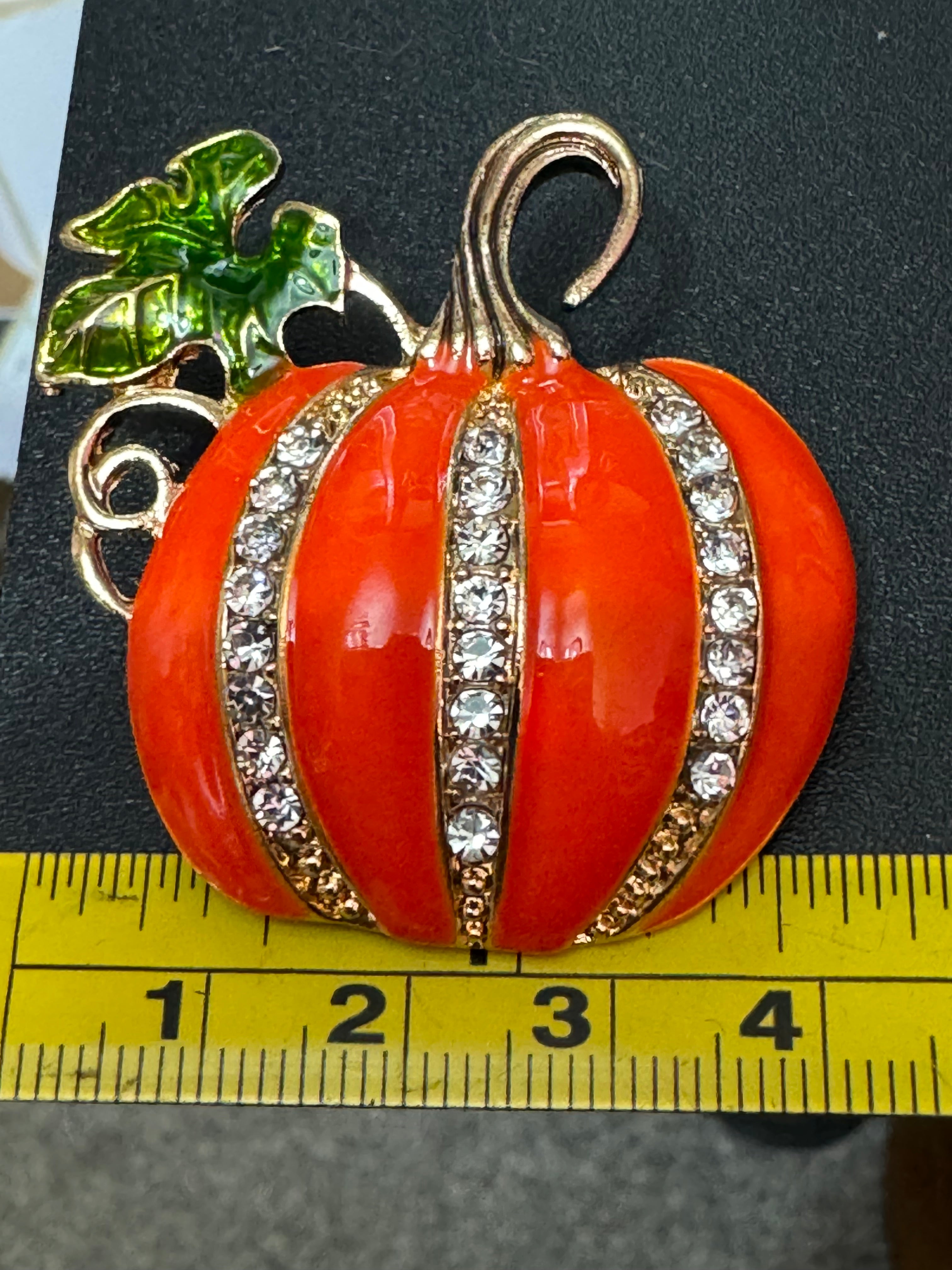 Bright orange crystal pumpkin brooch