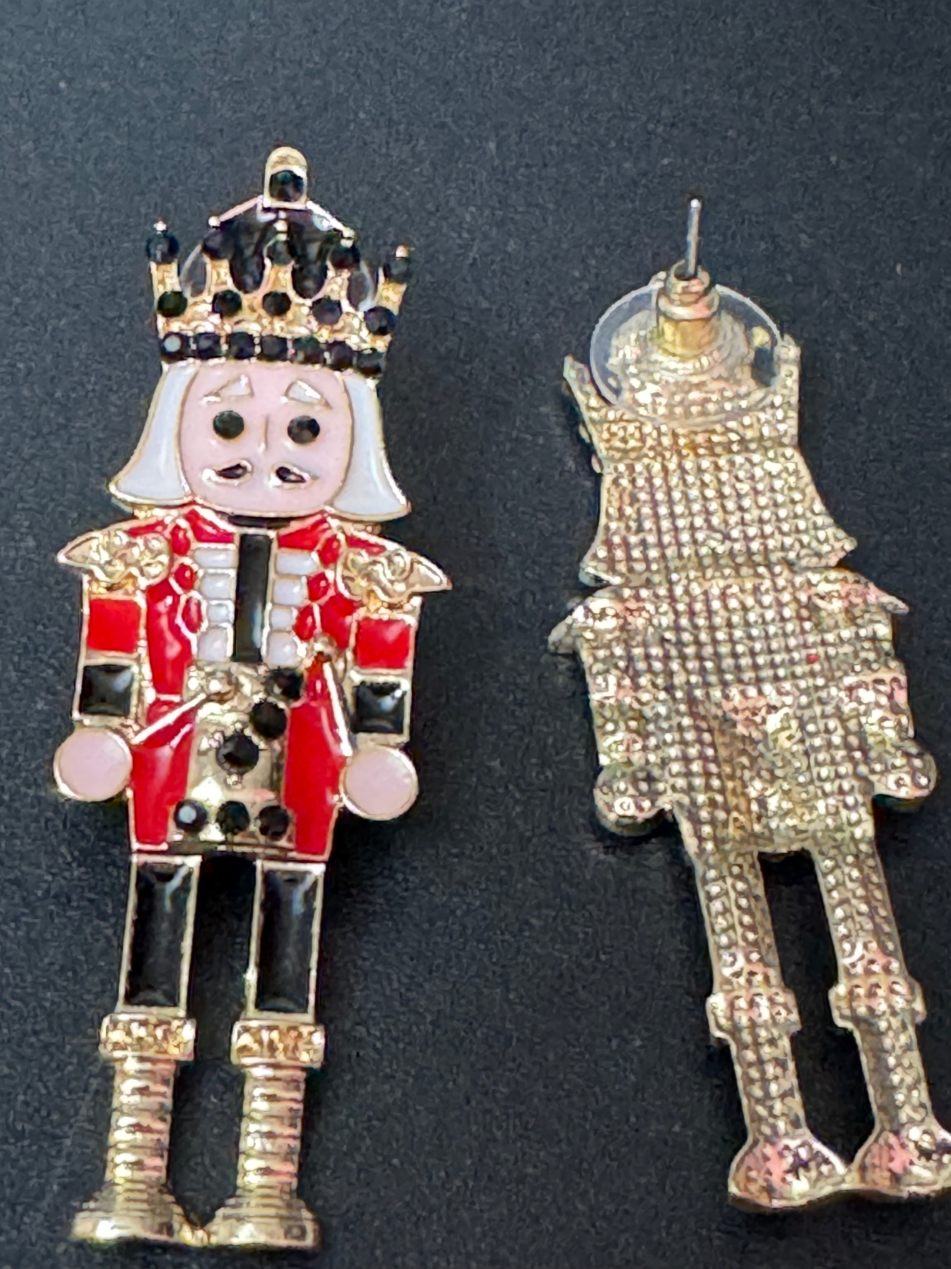 Traditional Christmas red and black enamel nutcracker man soldier earrings oversized