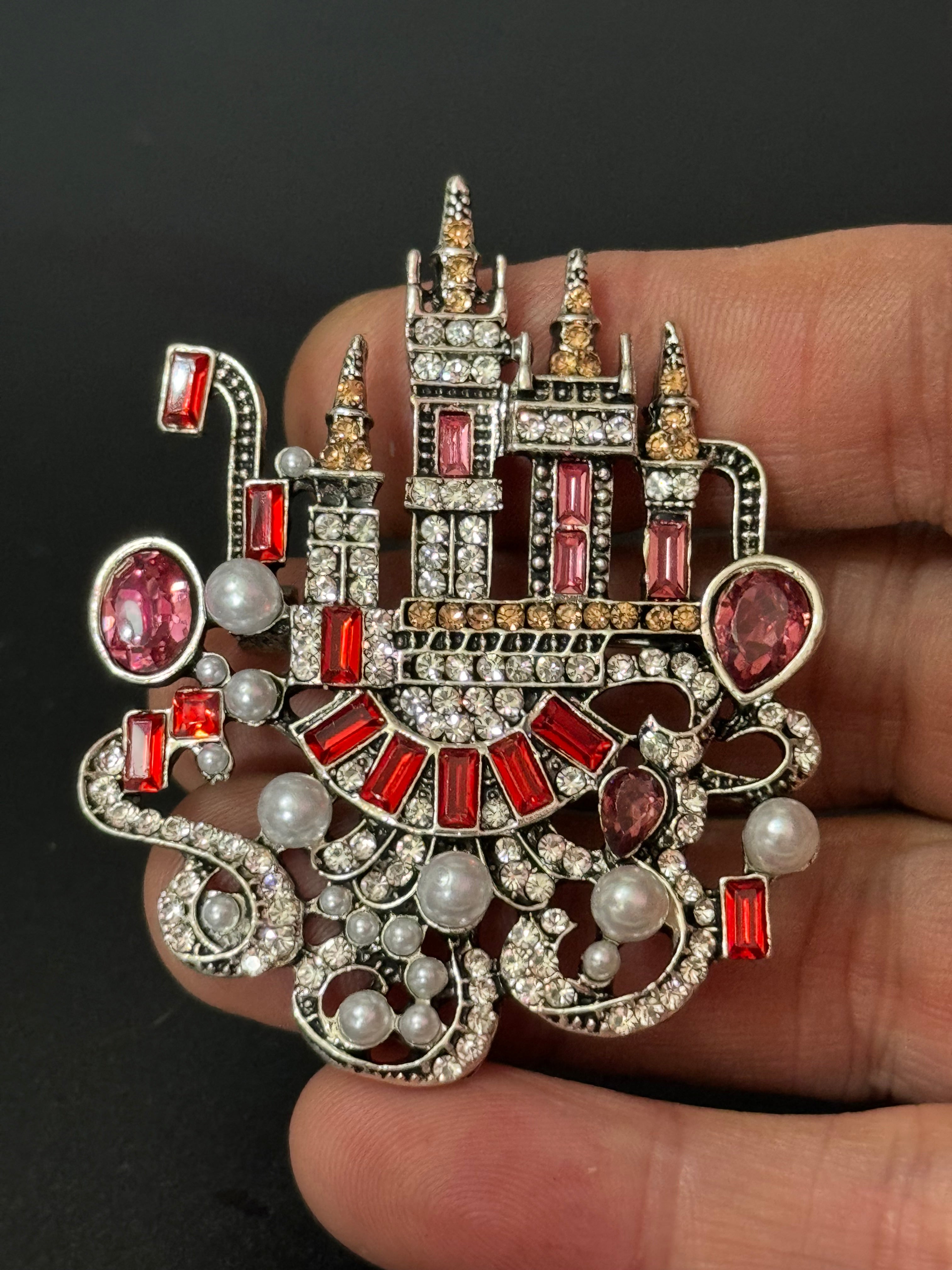 Pink Fairy princess castle brooch Crystal diamanté