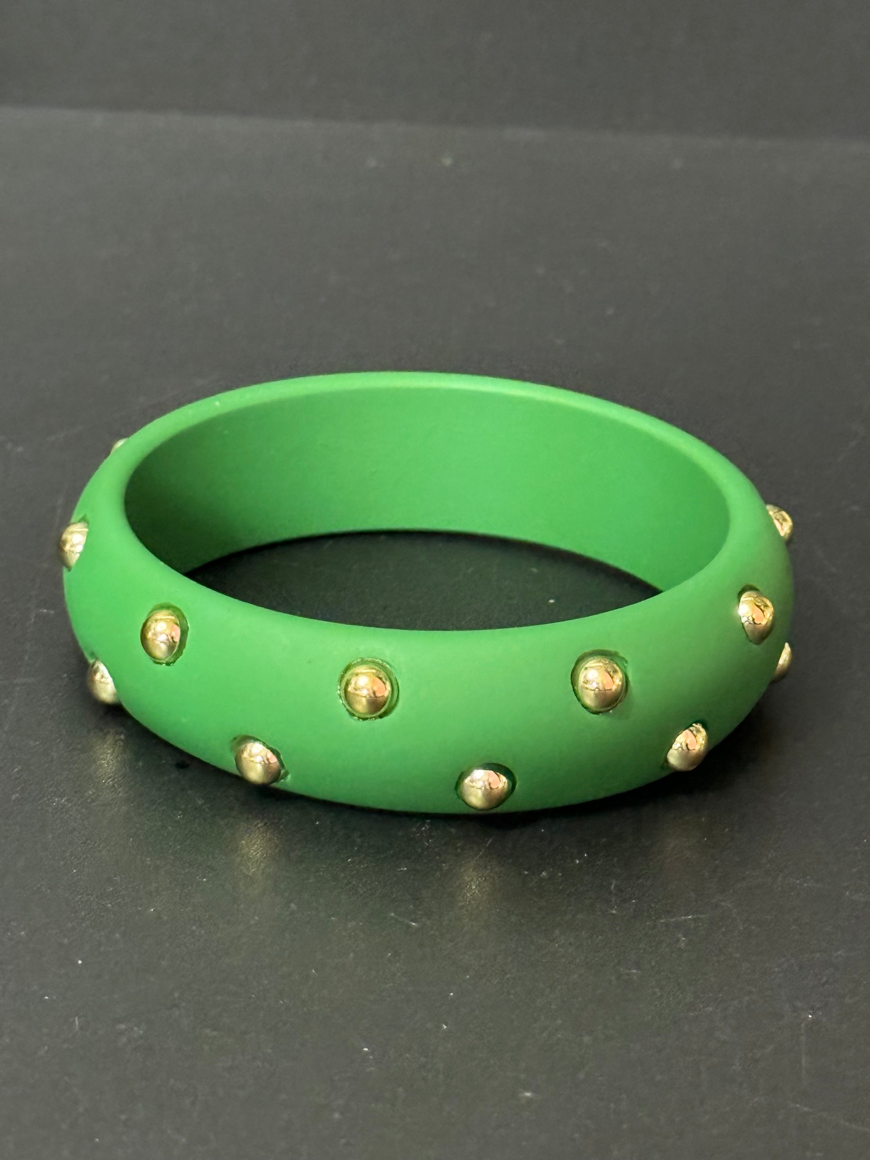 Bright Matt Green gold metal studded wide plastic bangle