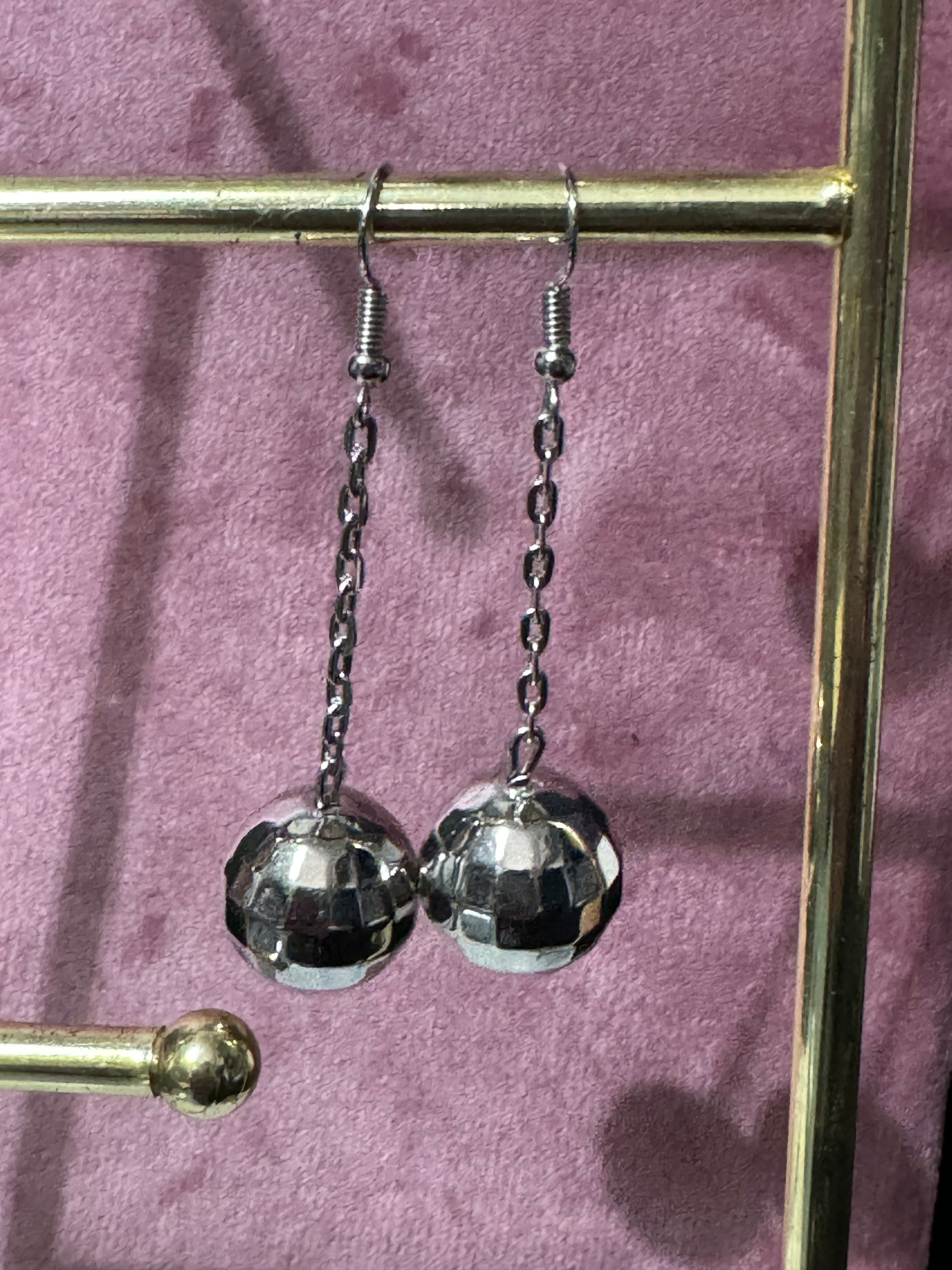 Silver chain link disco ball dangly earrings