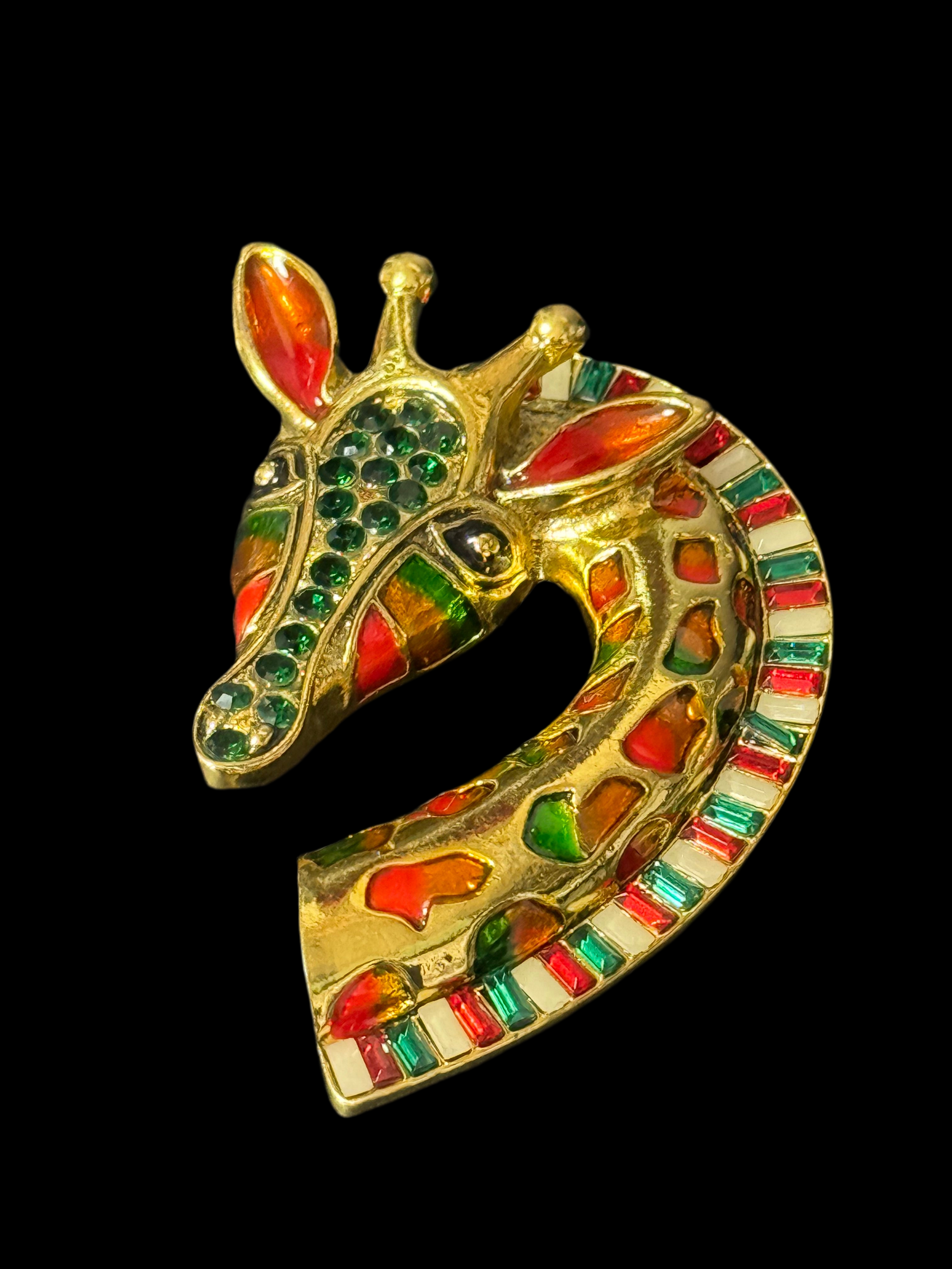 Large gold giraffe brooch orange and green enamel and black diamanté