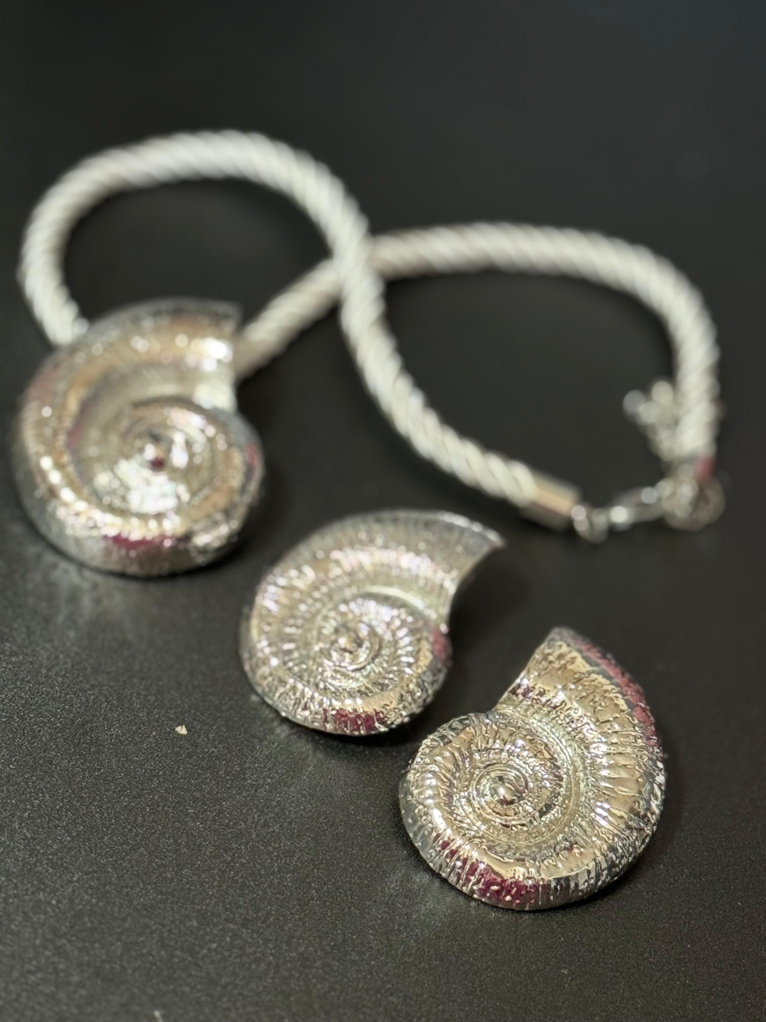 Oversized silver seashell ammonite nautical shell necklace on white cord