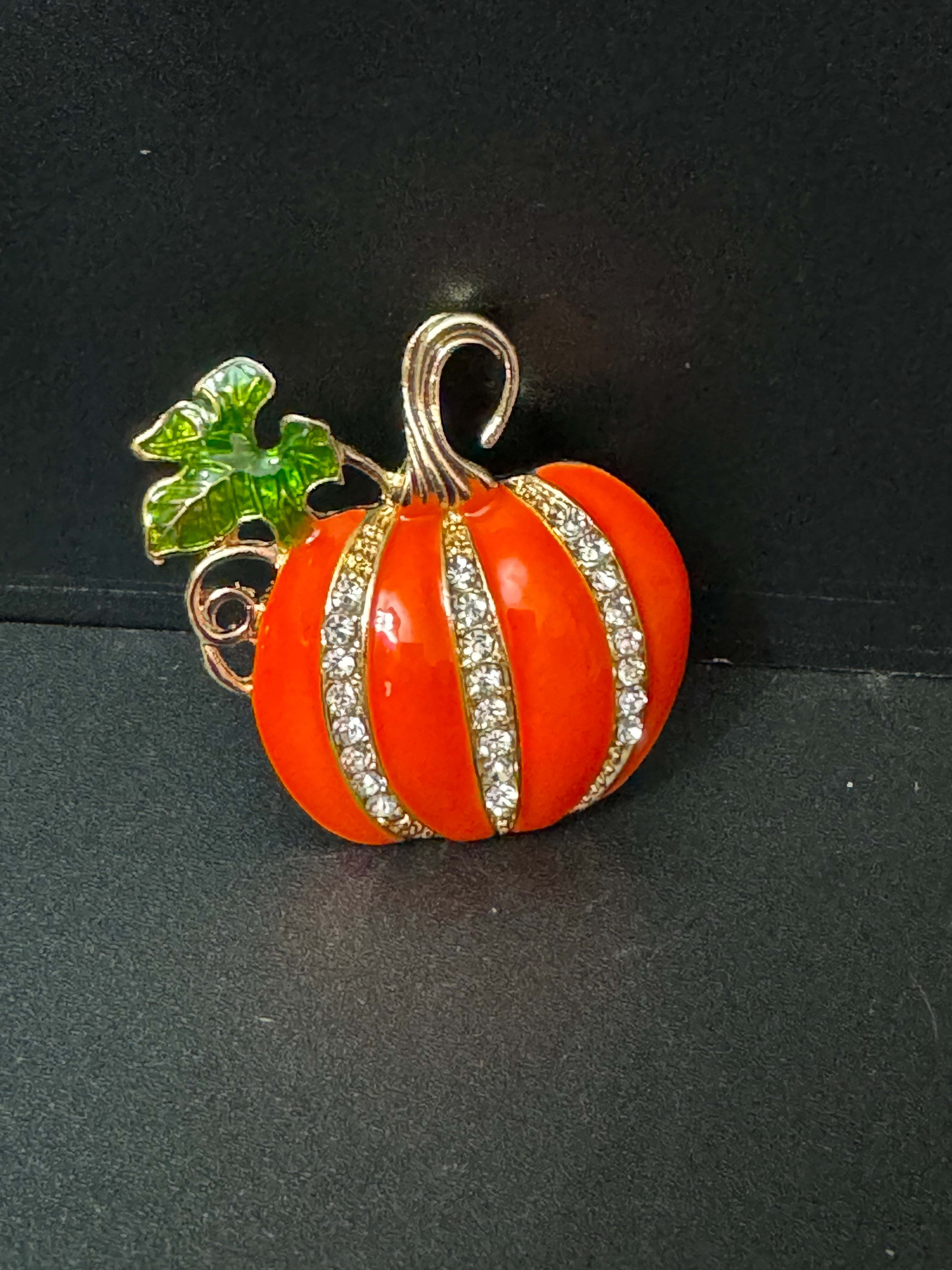 Bright orange crystal pumpkin brooch