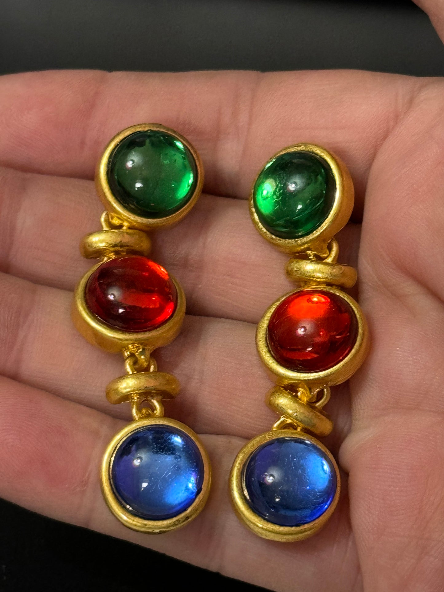 Gold gripoix style emerald ruby sapphire drop earrings