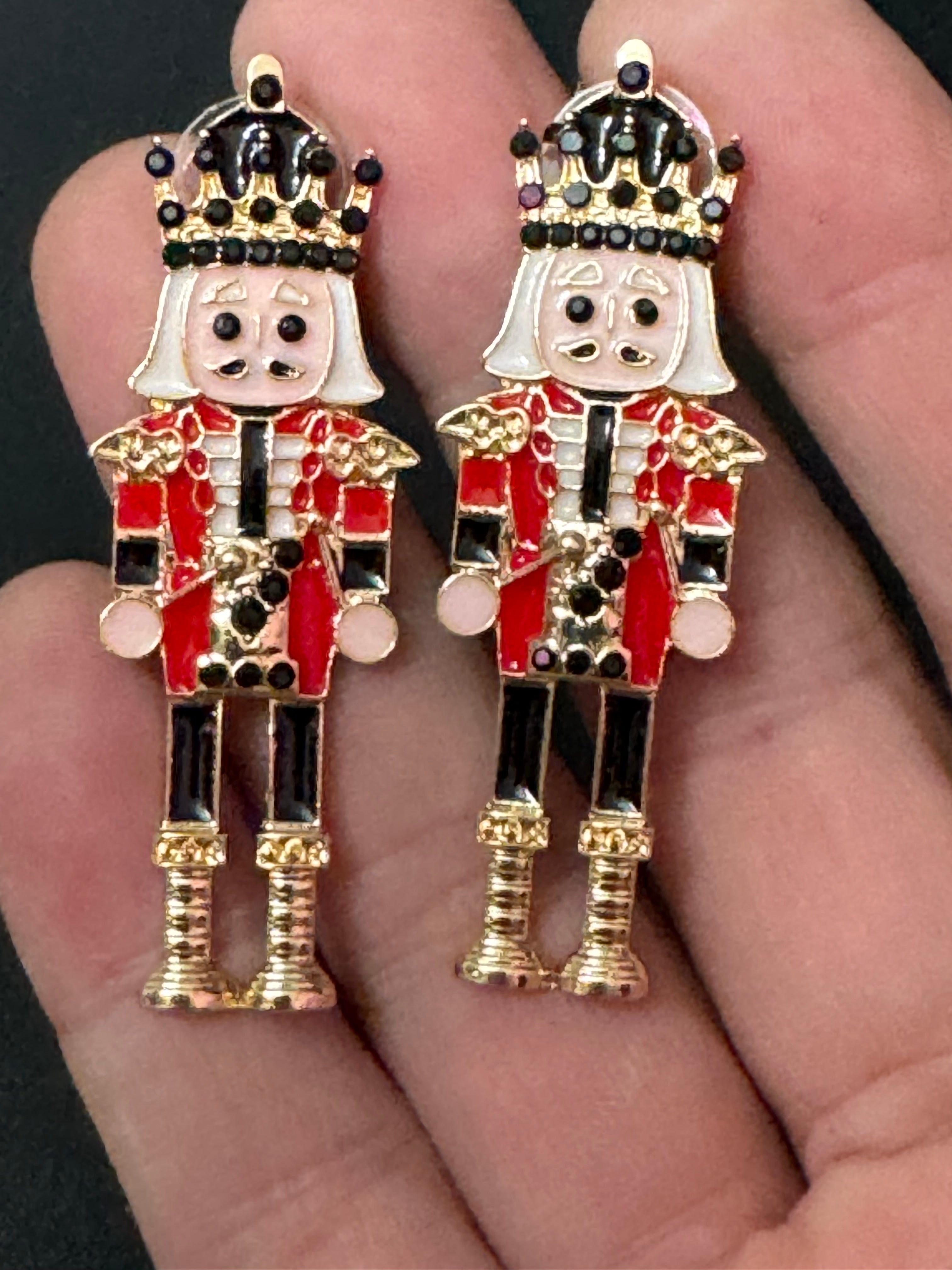 Traditional Christmas red and black enamel nutcracker man soldier earrings oversized