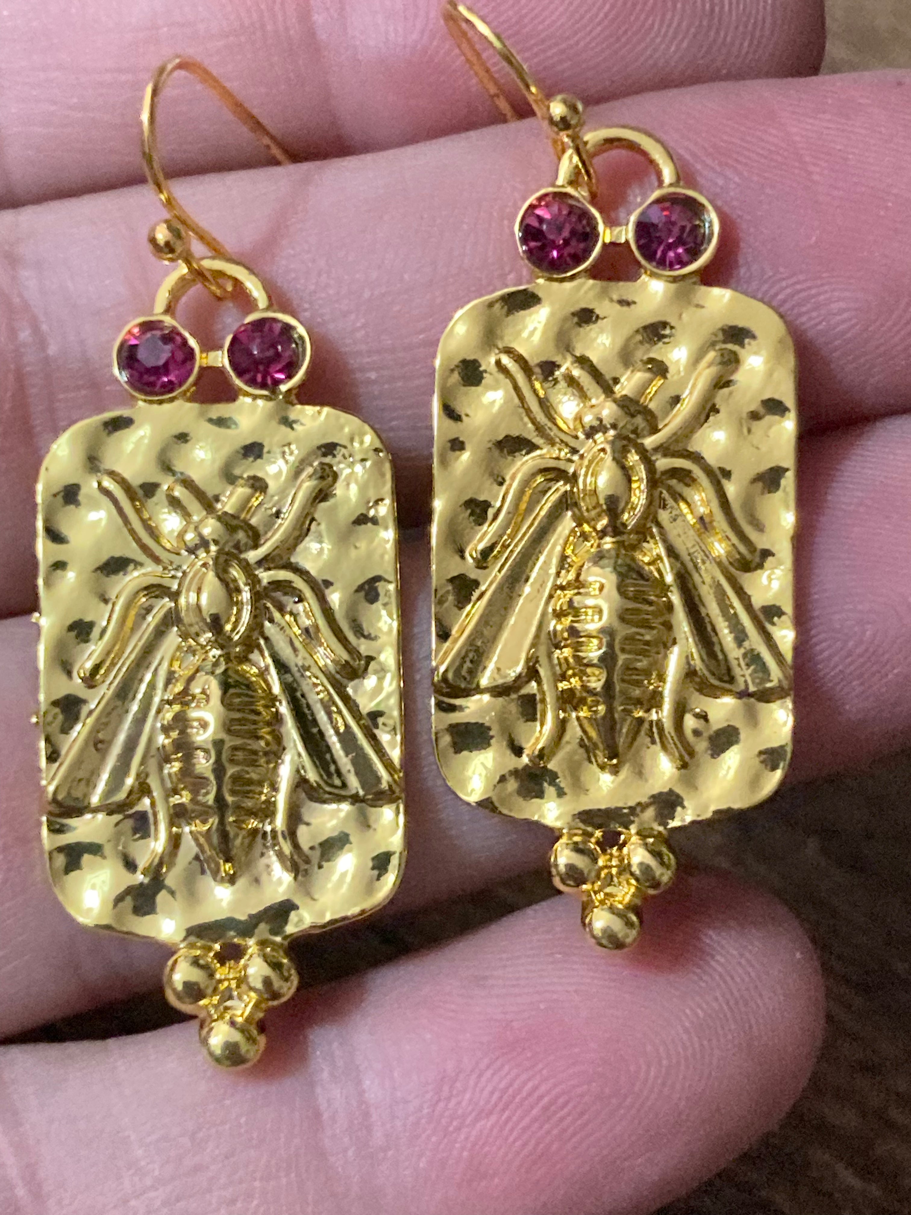 Etruscan style gold panel drop pink crystal bee earrings