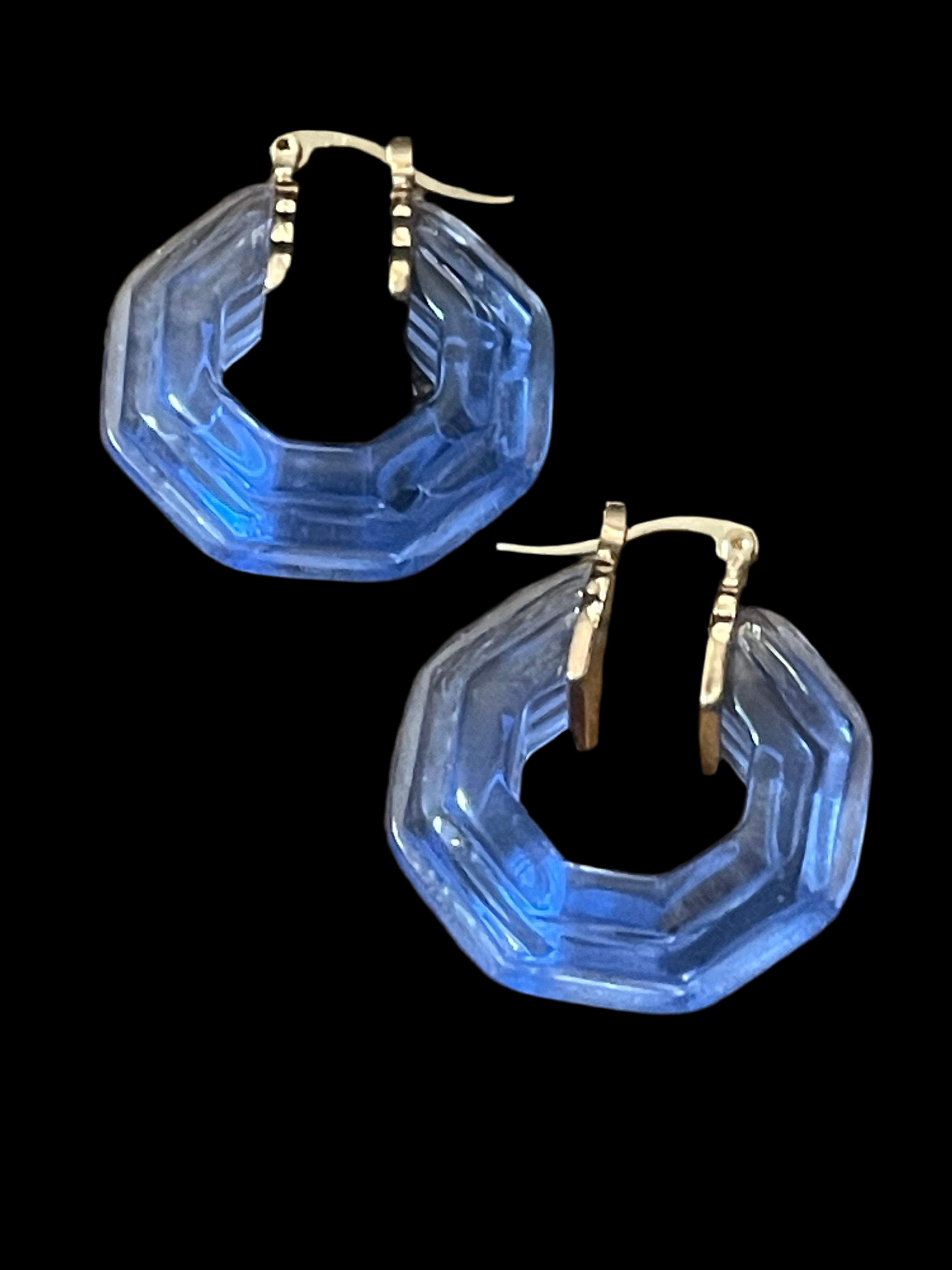 Octagonal blue clear acrylic gold tone hoop earrings