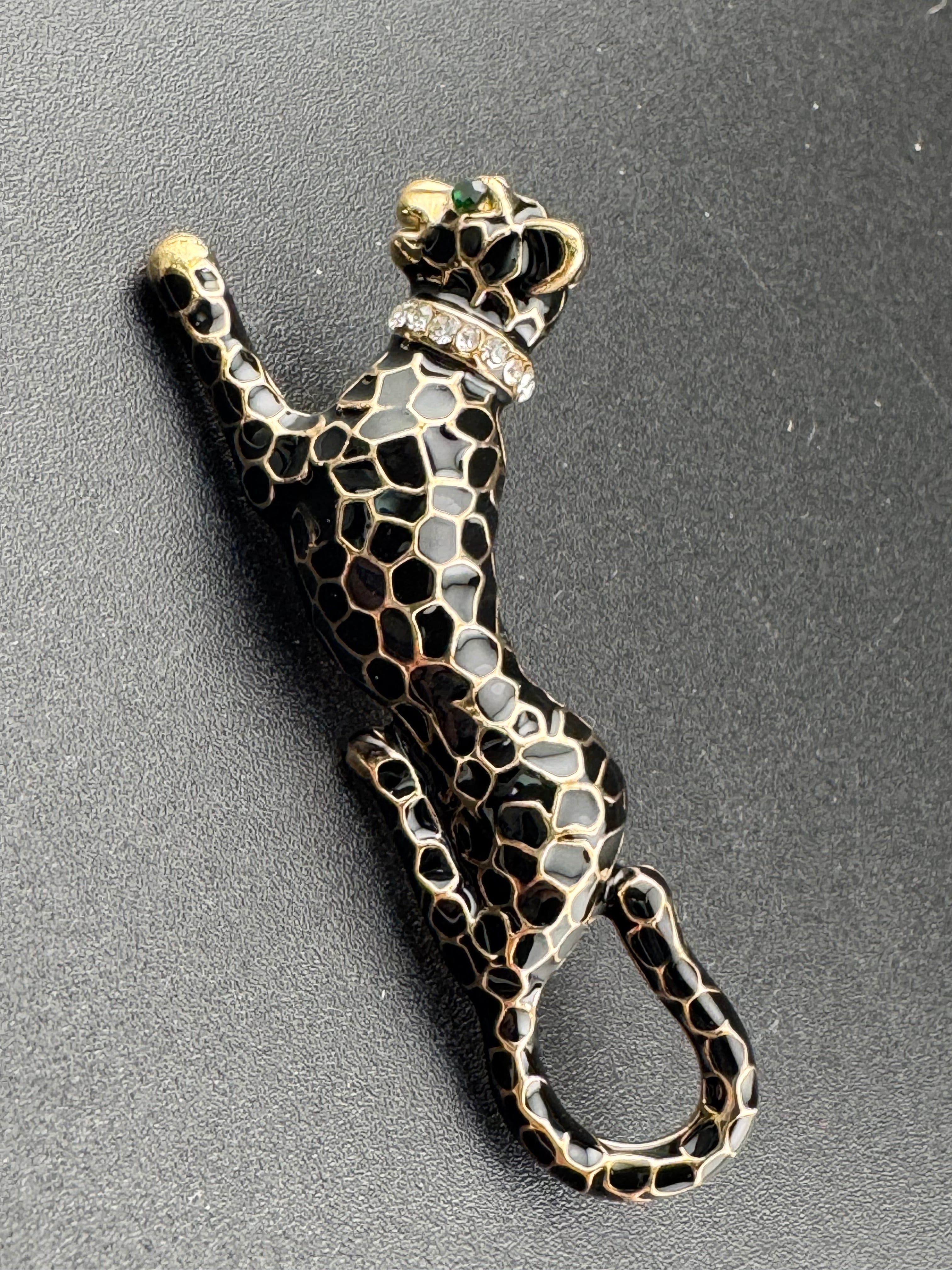 Black enamel crystal Big Cat leopard panther puma brooch gold tone