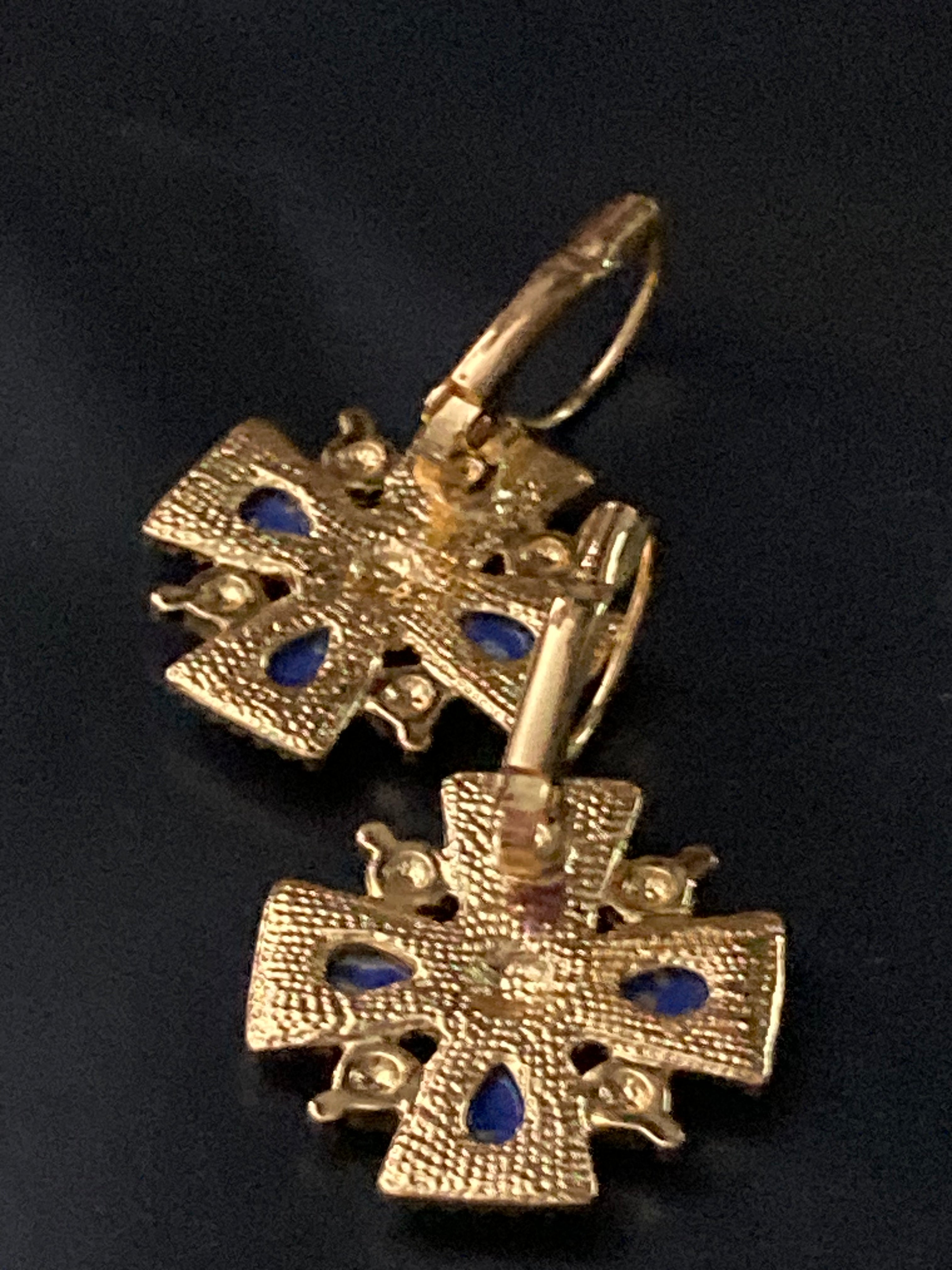 Etruscan medieval style Maltese cross lapis lazuli and pearl oversized drop earrings