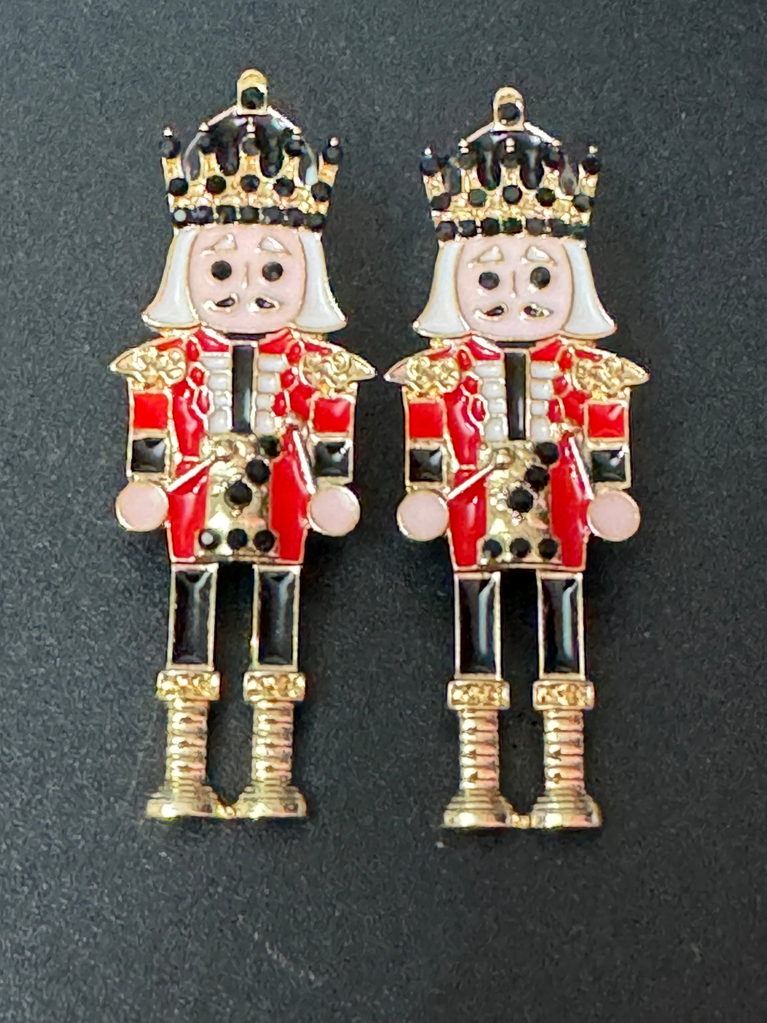 Traditional Christmas red and black enamel nutcracker man soldier earrings oversized