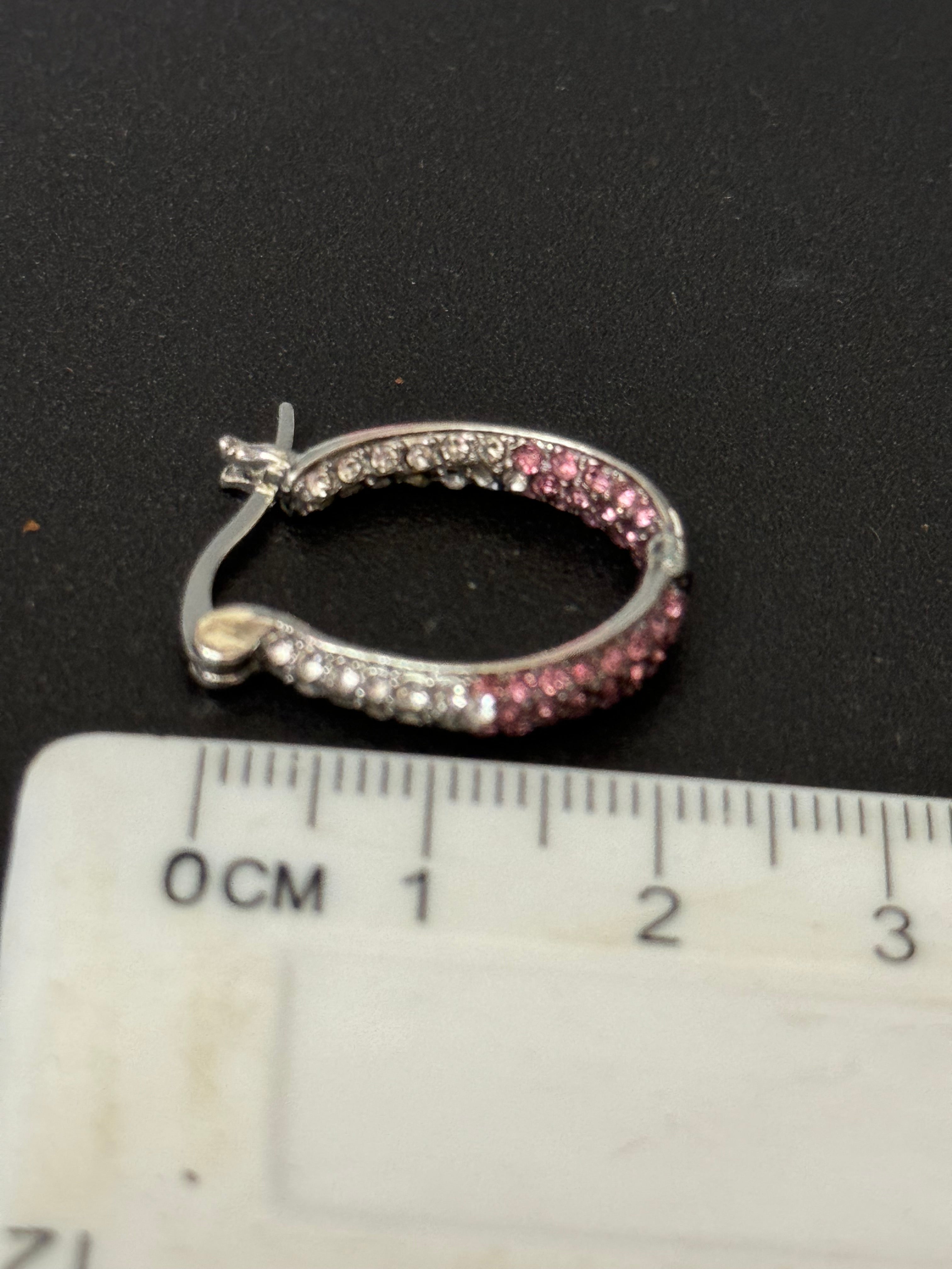 Pink & clear diamanté Crystal silver tone  small oval hoop earrings