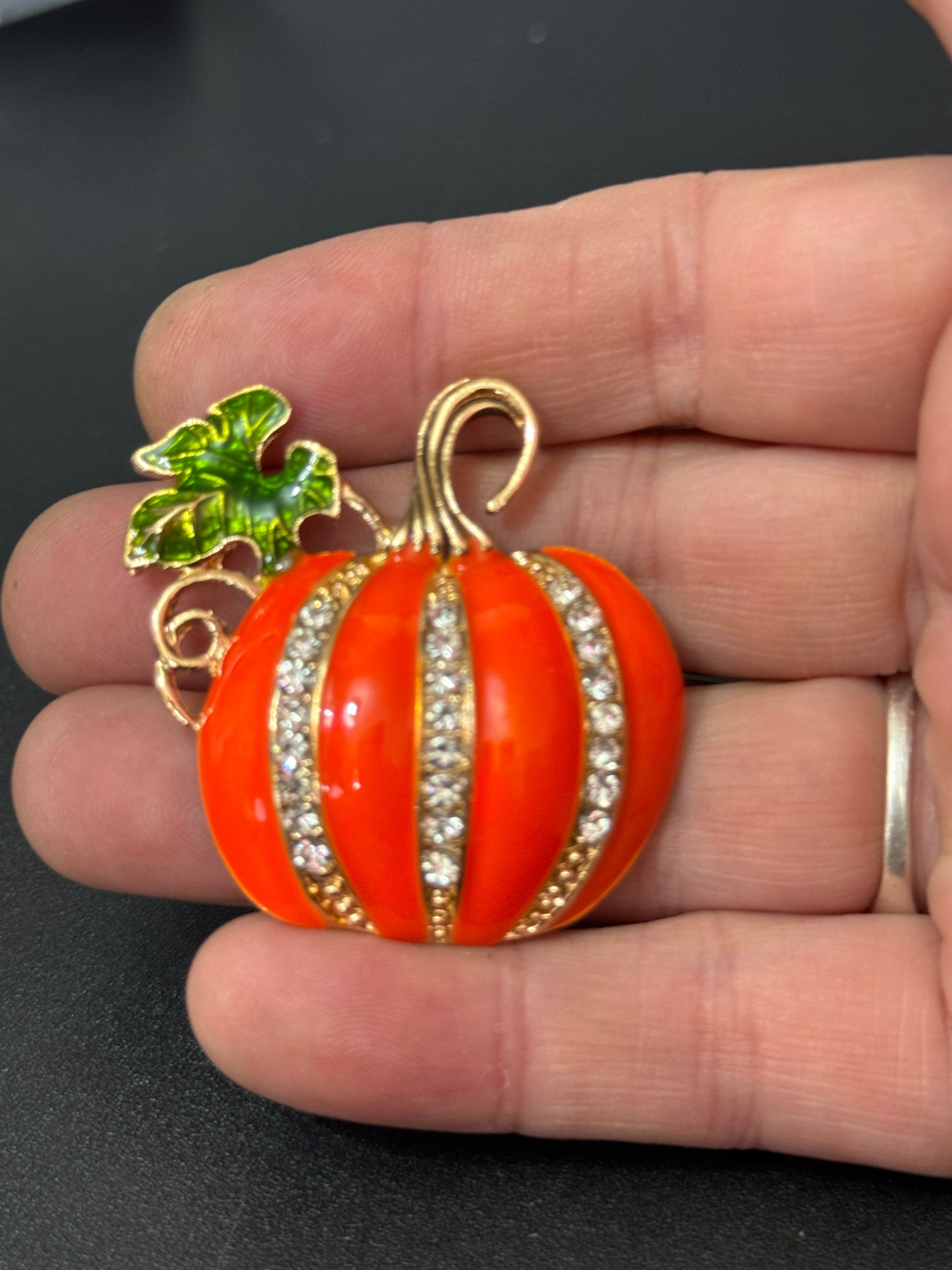 Bright orange crystal pumpkin brooch