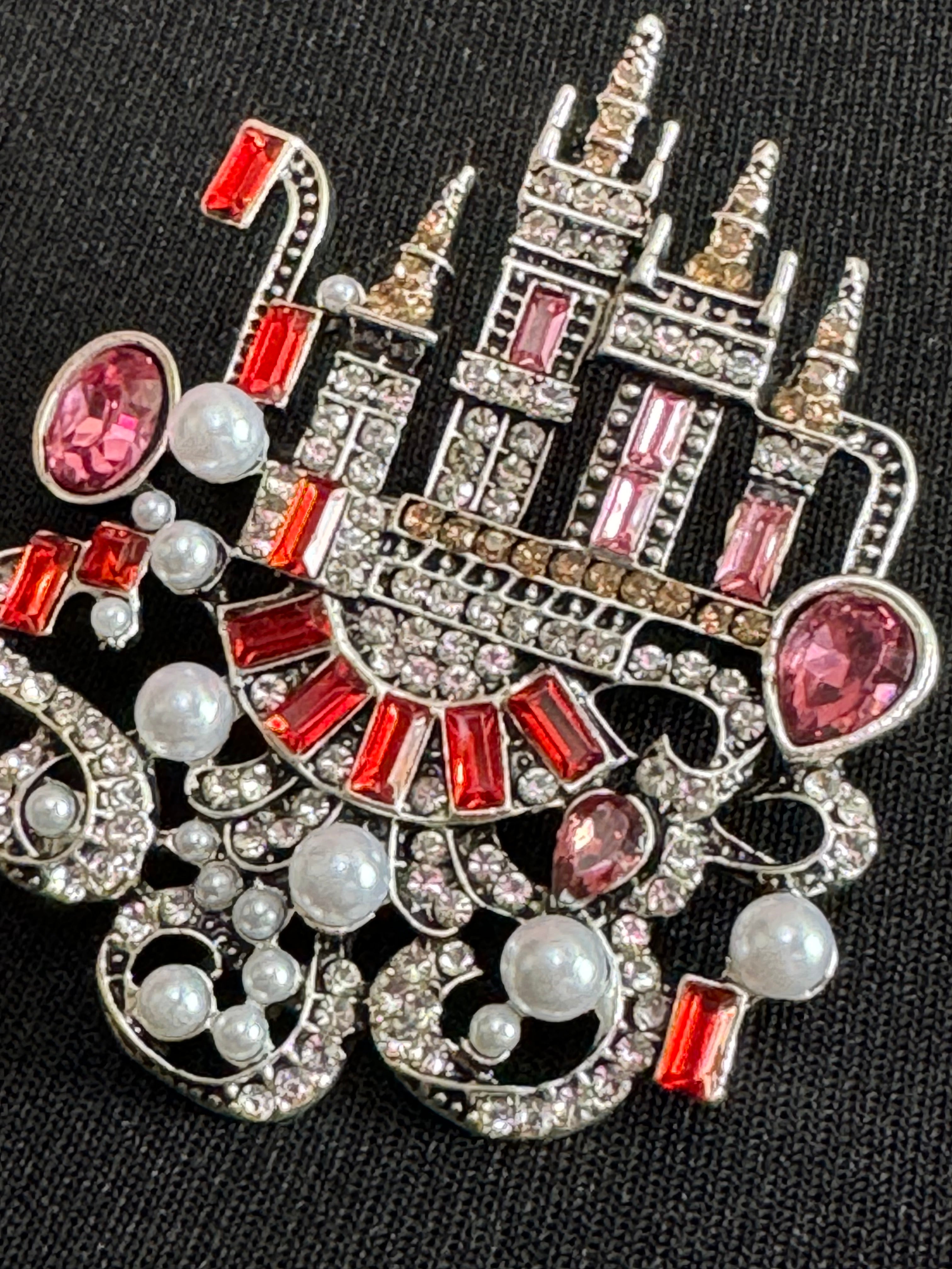 Pink Fairy princess castle brooch Crystal diamanté