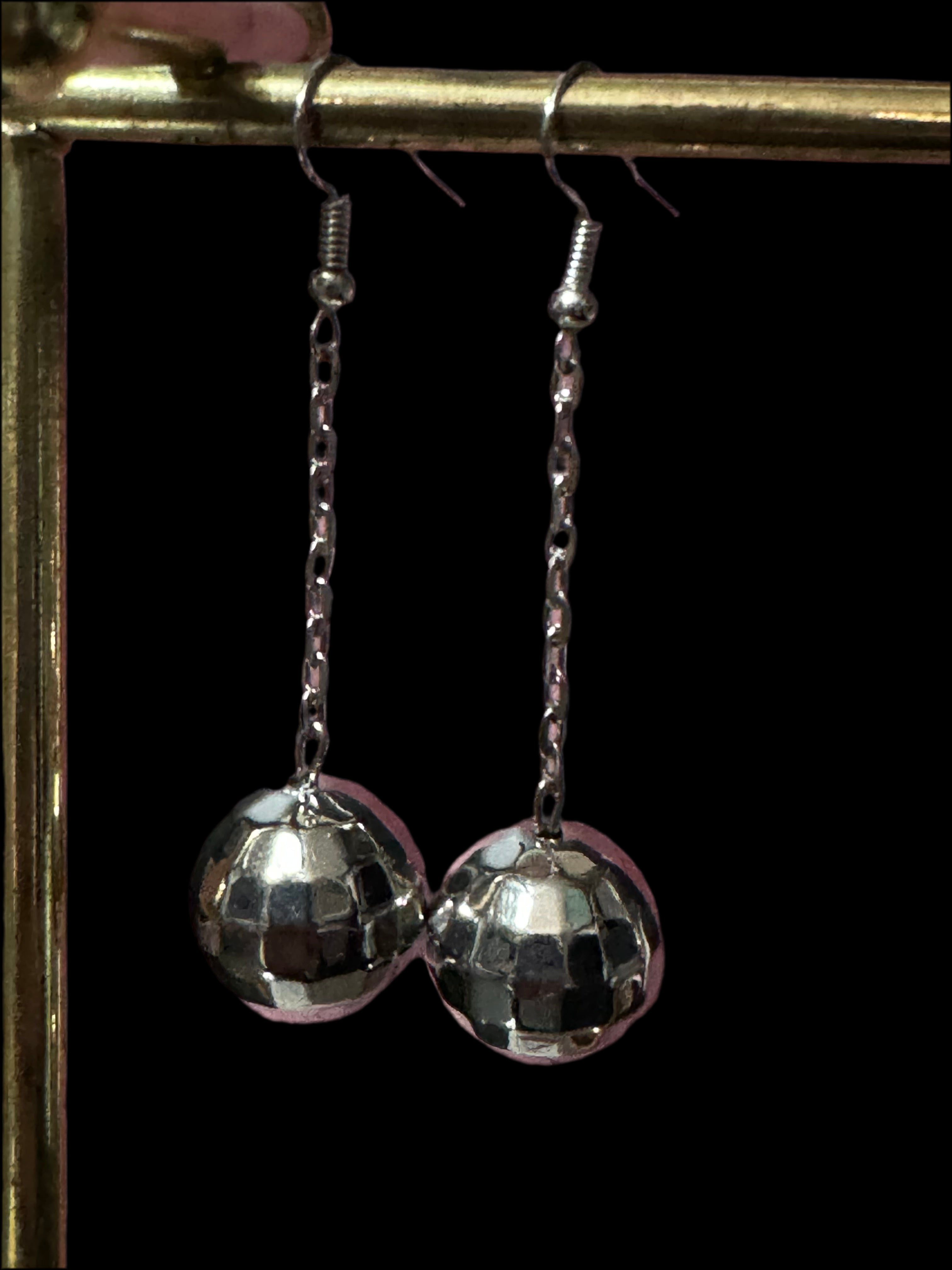 Silver chain link disco ball dangly earrings