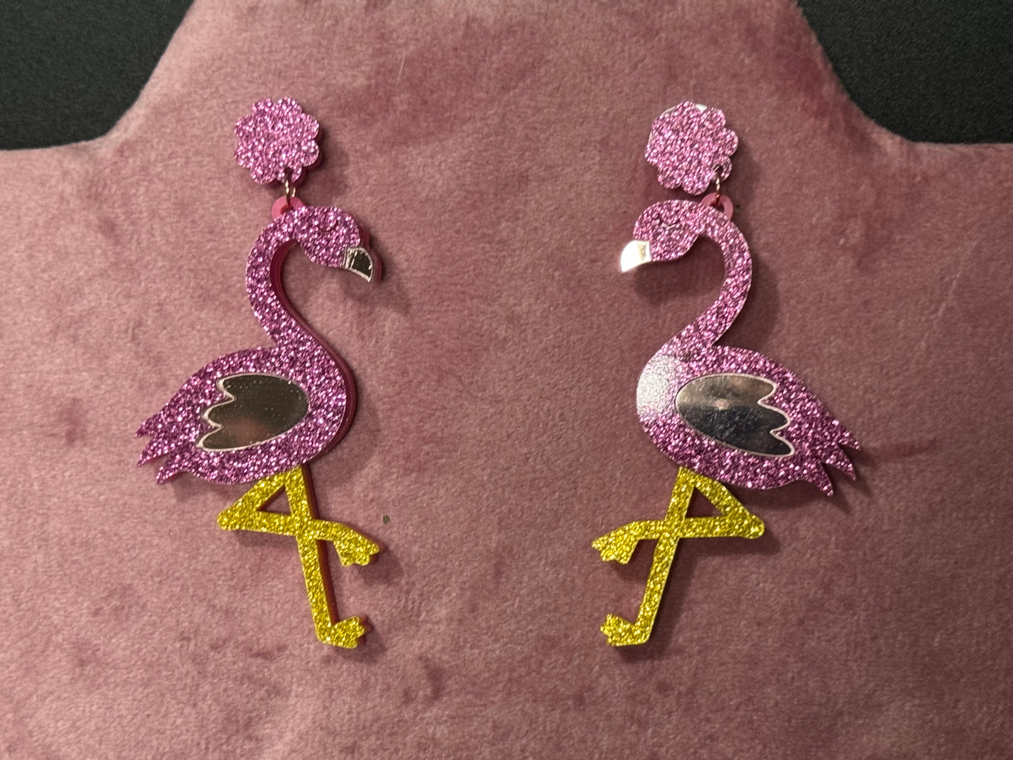 Oversized bright pink glittery flamingo earrings acrylic