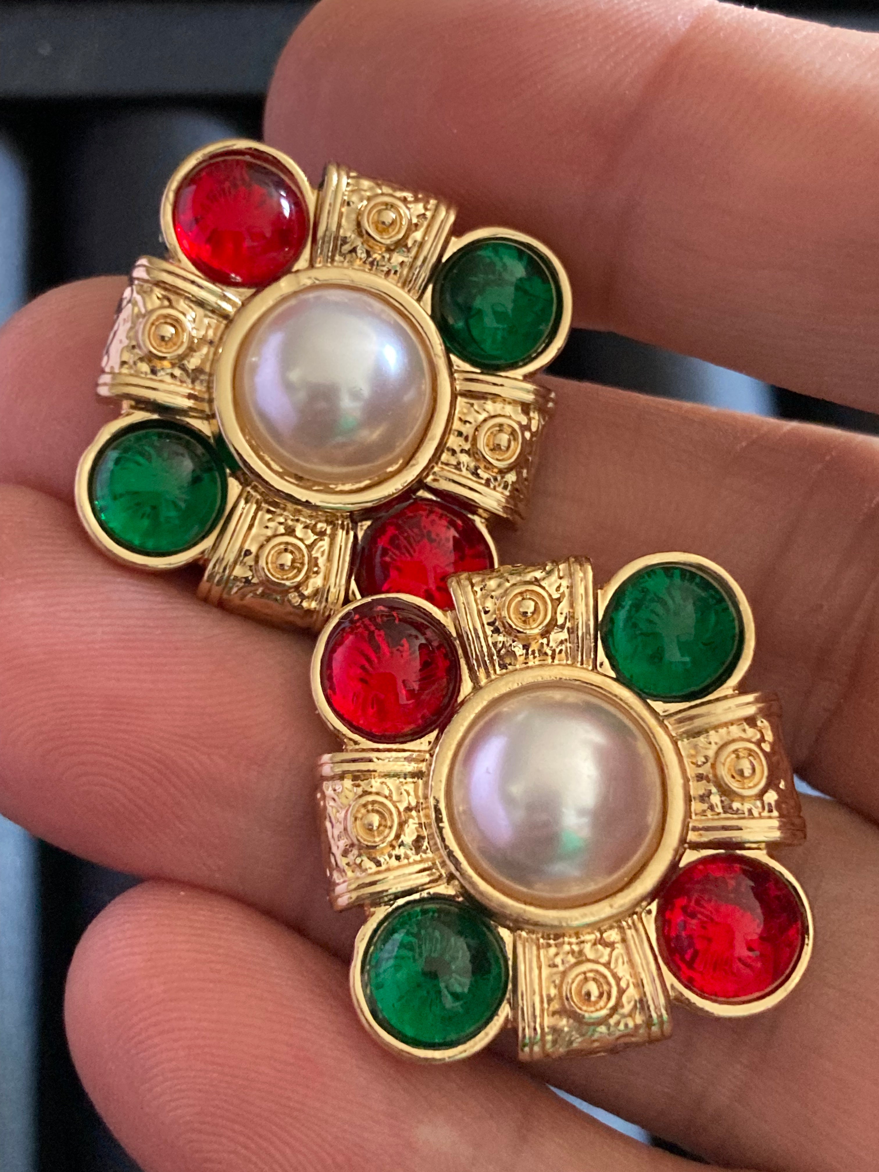 gold emerald ruby faux pearl gripoix style cabochon square pierced stud earrings