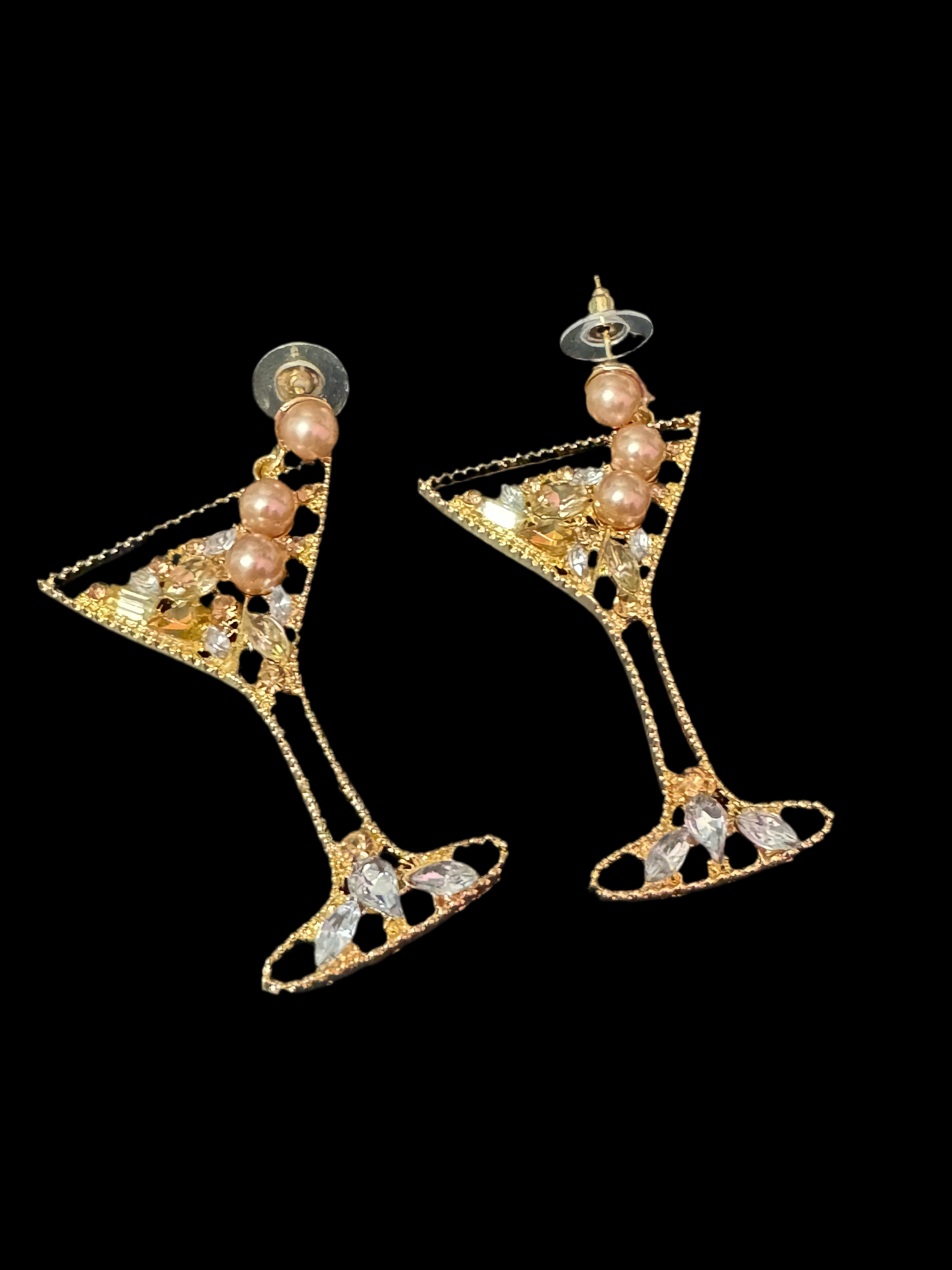 Novelty oversized faux pearl diamanté crystal champagne cocktail glass earrings