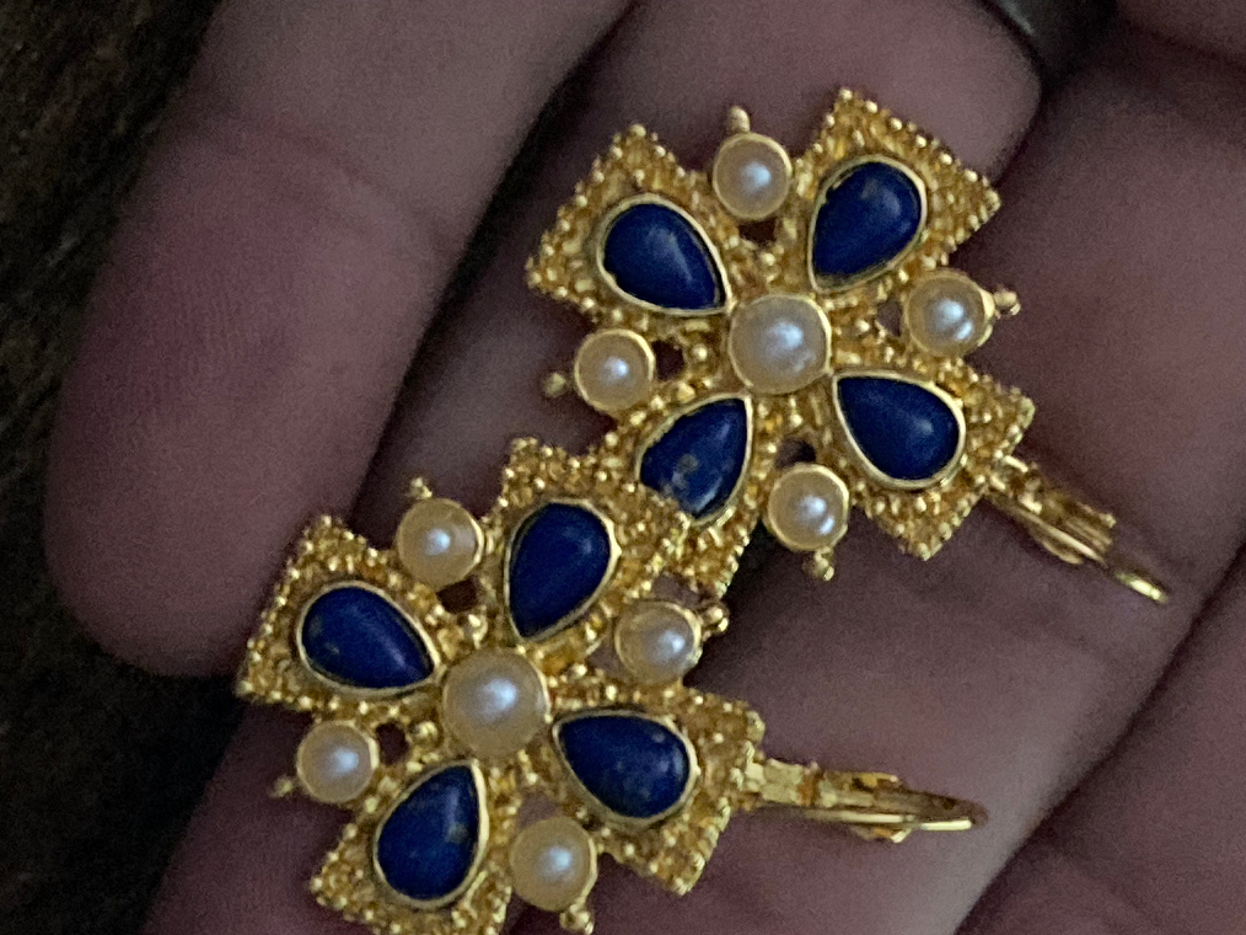 Etruscan medieval style Maltese cross lapis lazuli and pearl oversized drop earrings