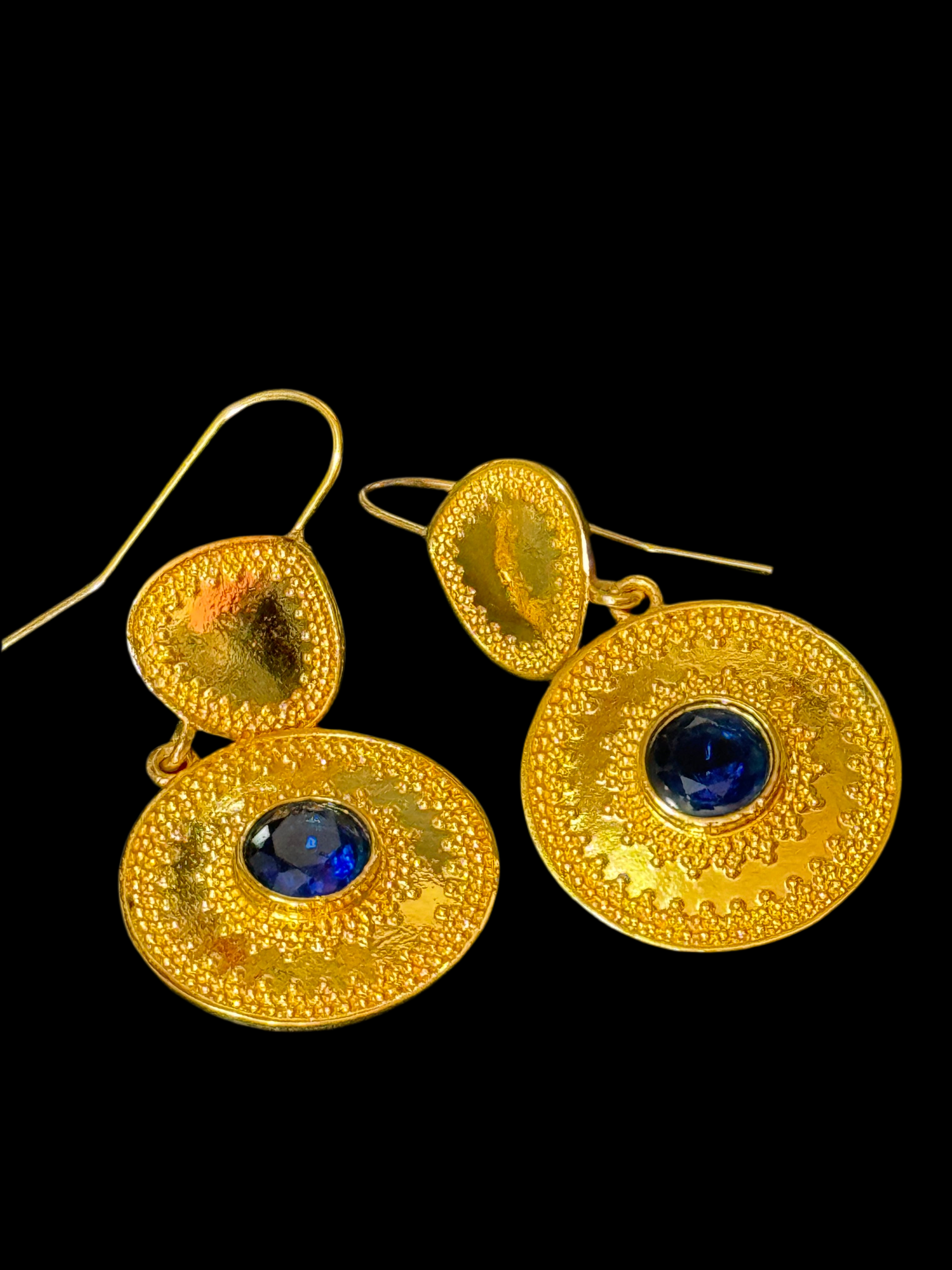 Etruscan gold tone sapphire blue diamanté disc pierced drop earrings