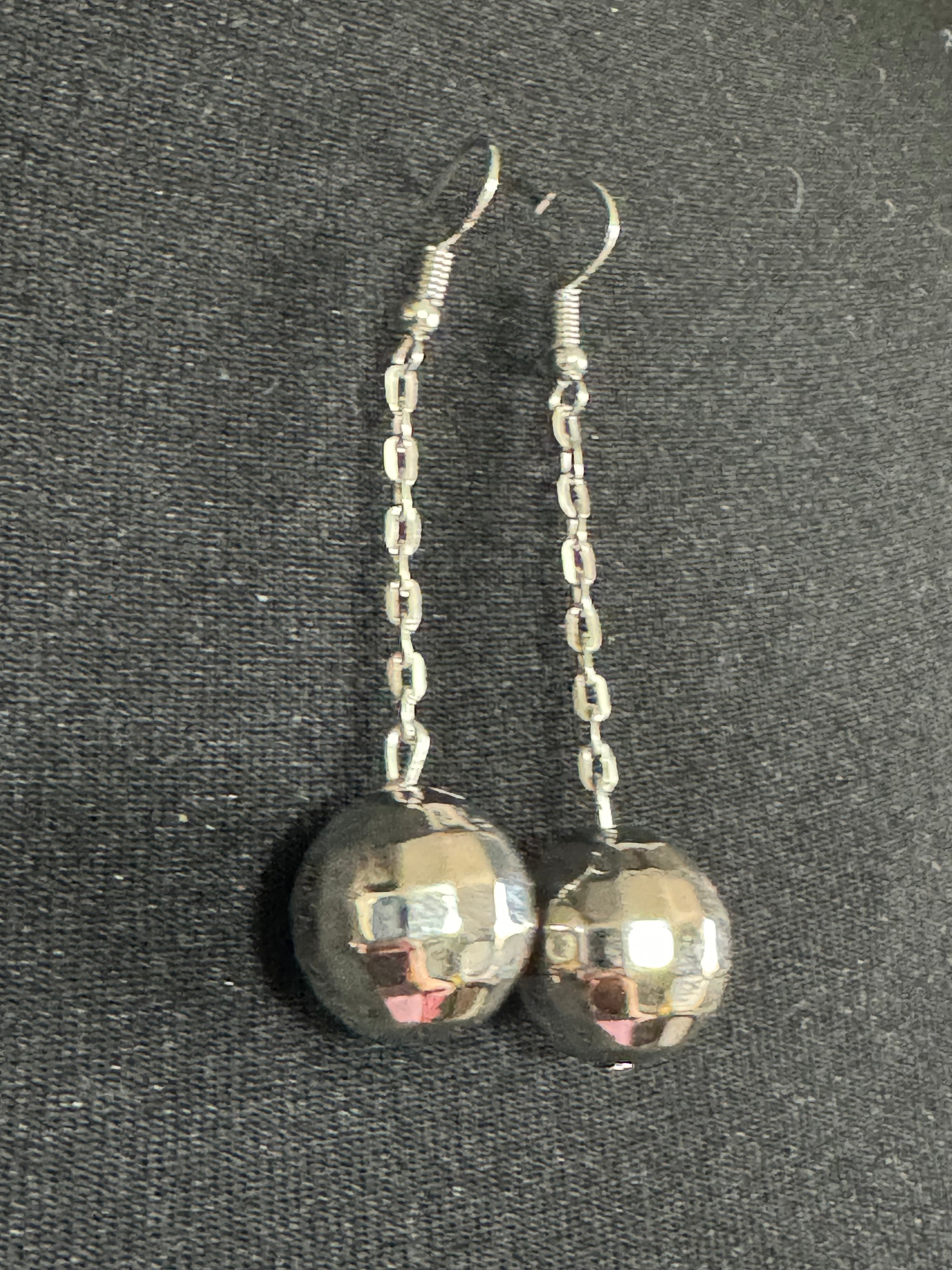 Silver chain link disco ball dangly earrings