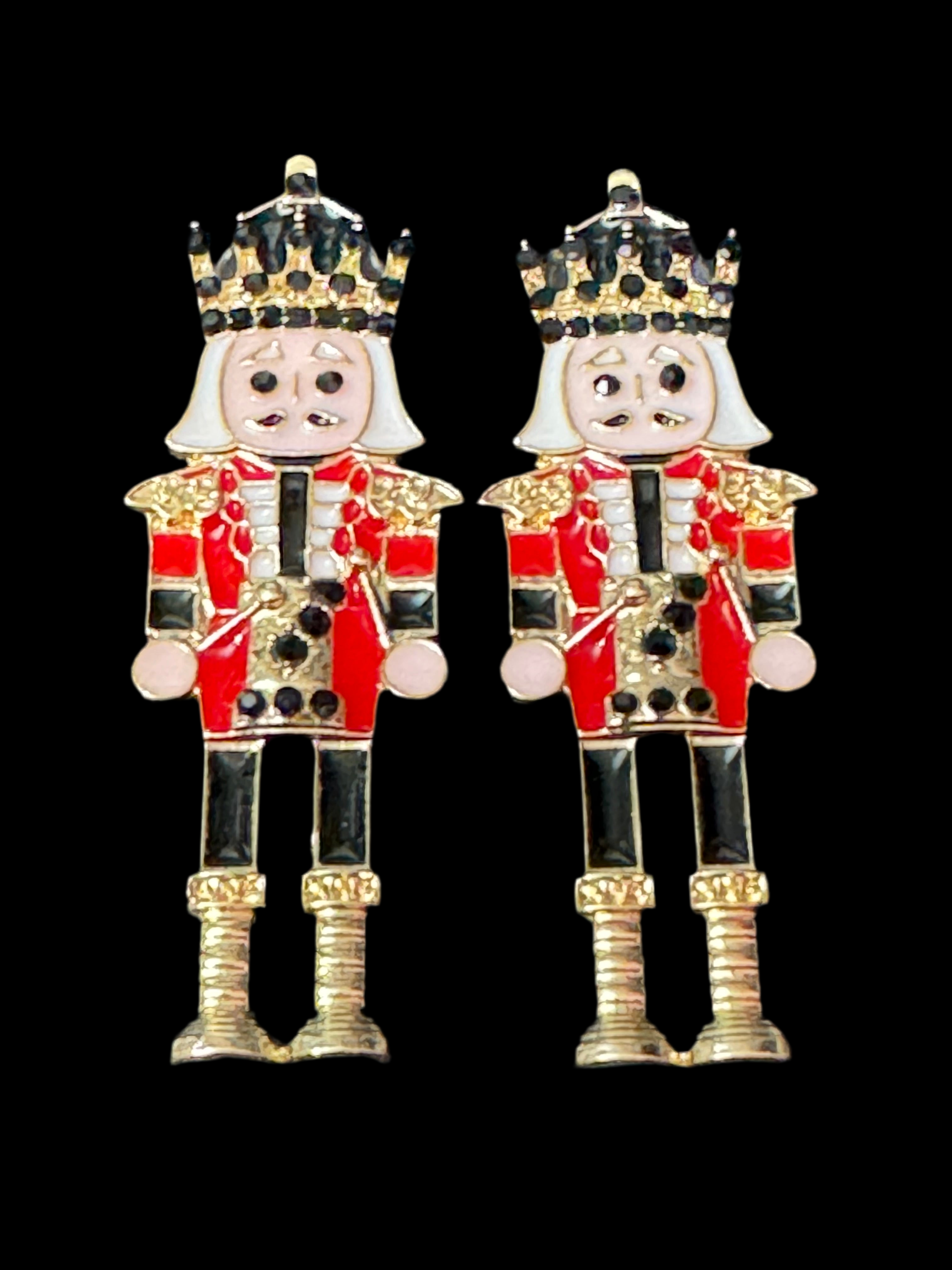 Traditional Christmas red and black enamel nutcracker man soldier earrings oversized