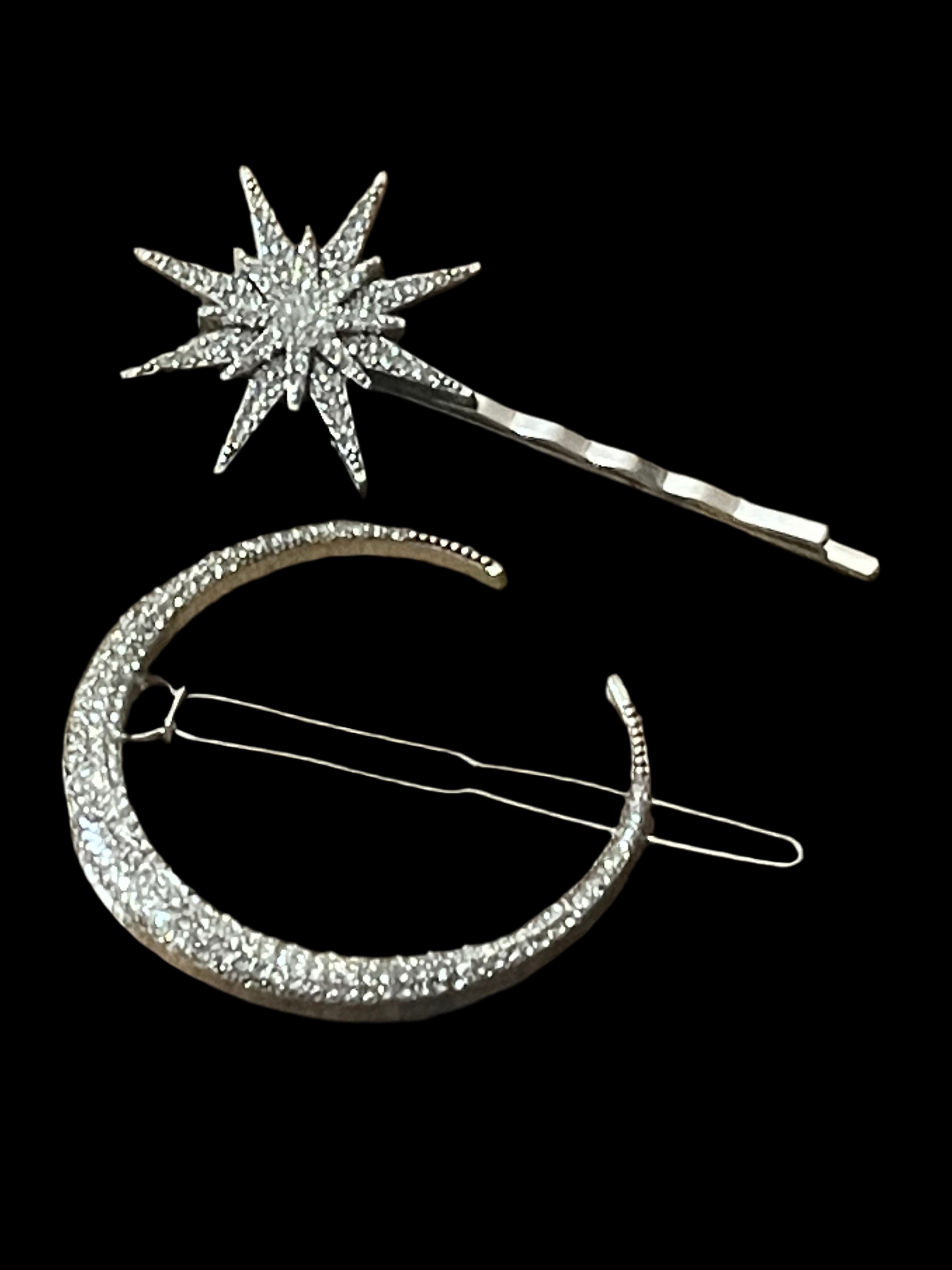 Star and moon silver diamanté celestial hair clips