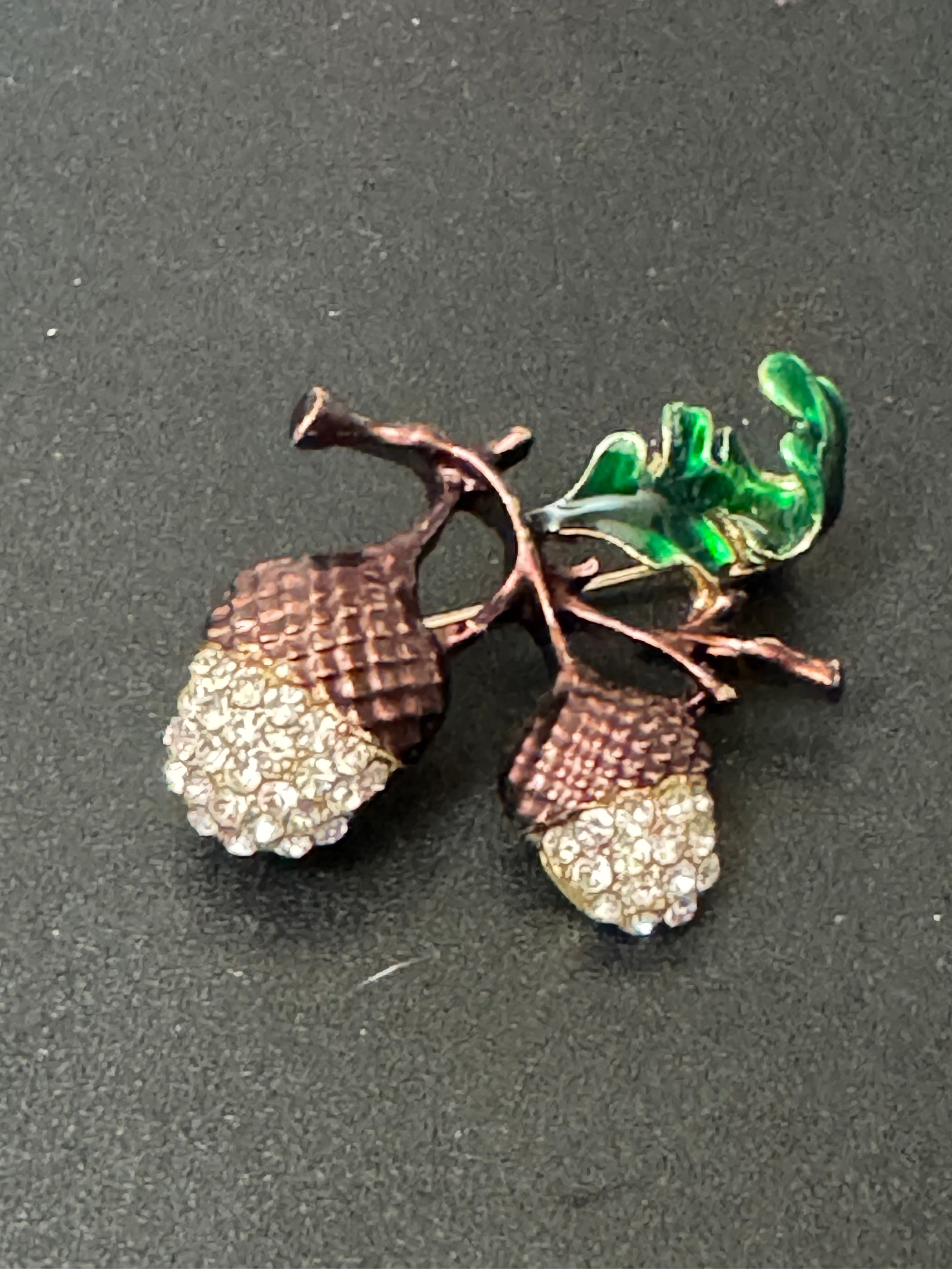 Crystal Oak tree acorn brooch with brown green enamel brooch with clear rhinestones