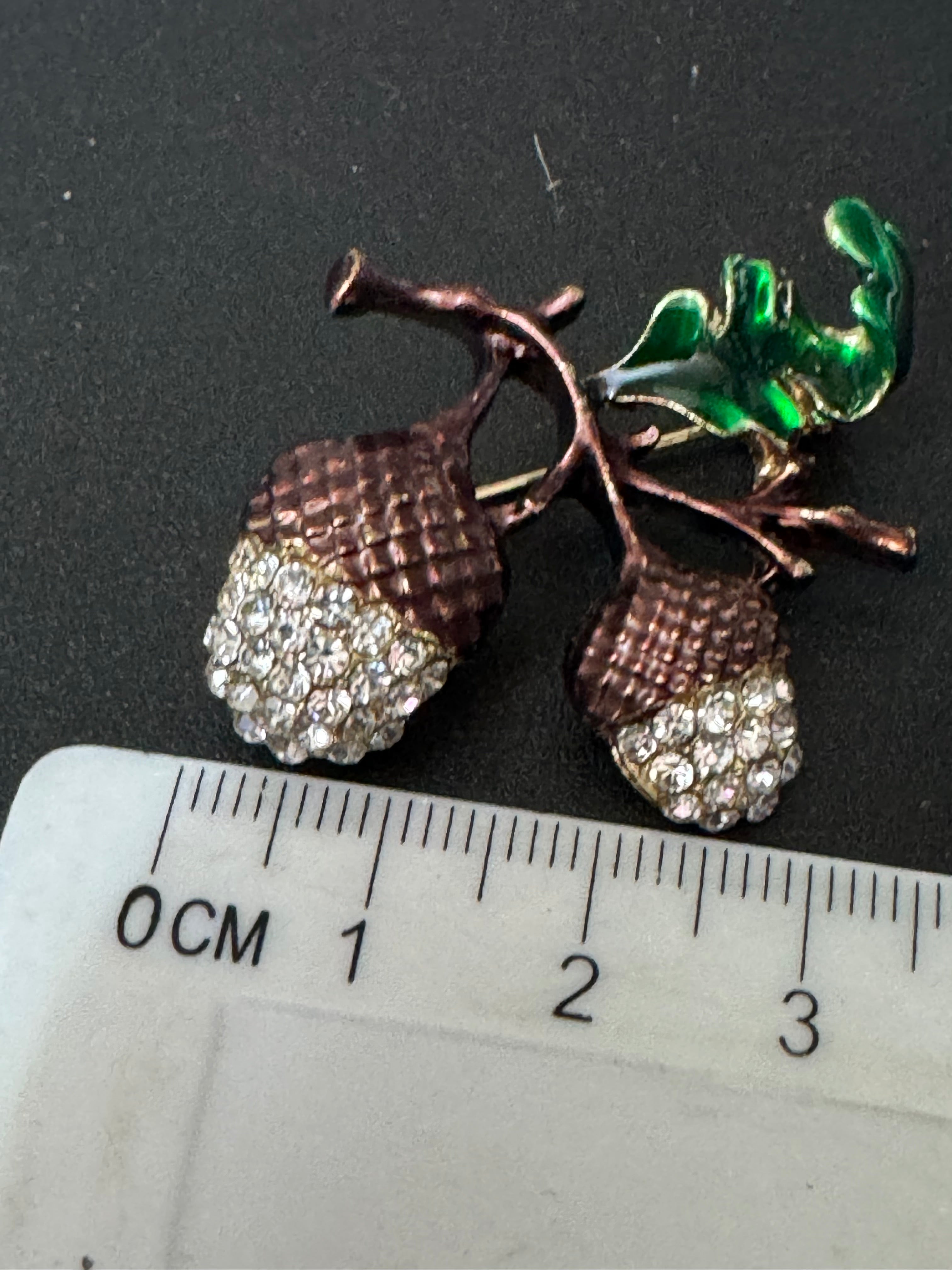 Crystal Oak tree acorn brooch with brown green enamel brooch with clear rhinestones